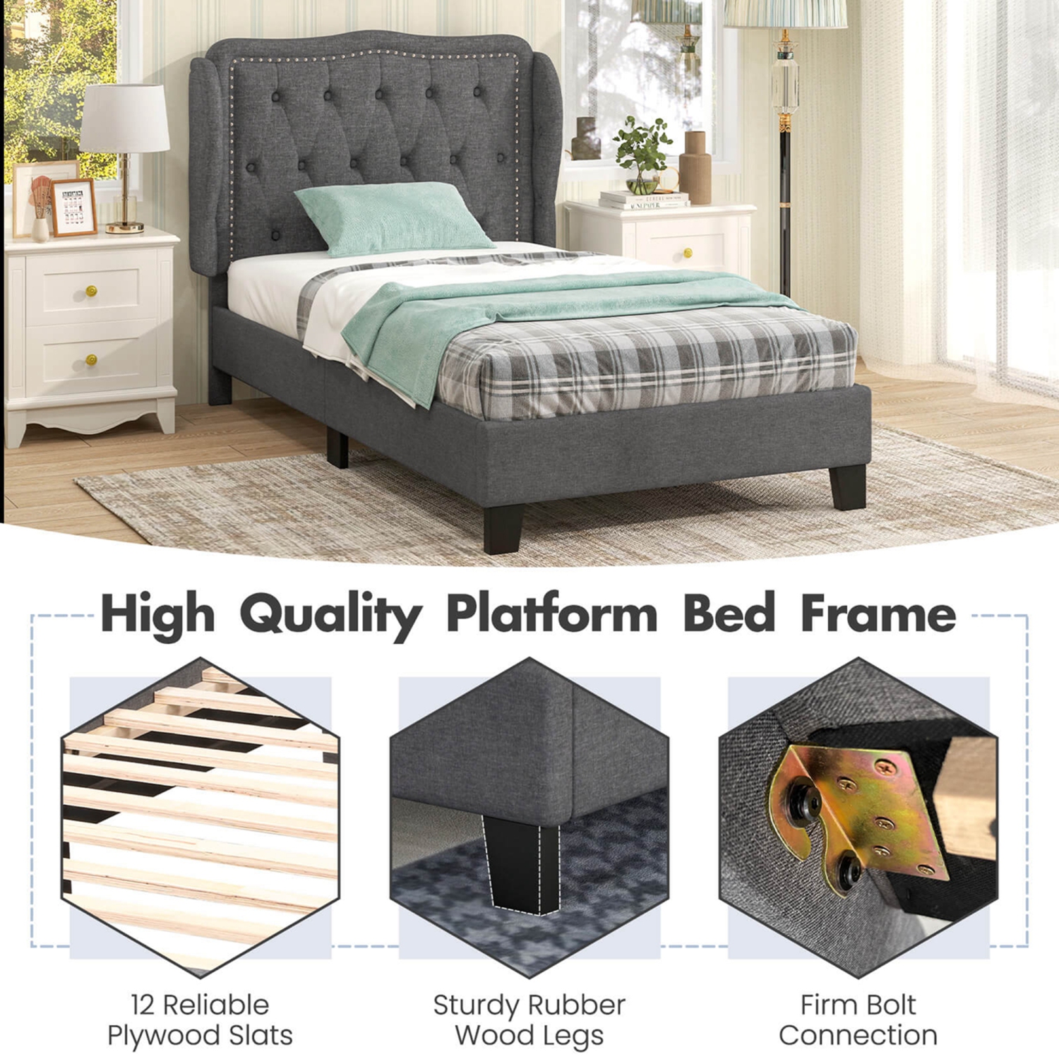 Costway Twin Size Bed Frame with Button Tufted Wingback Headboard Wooden Slats Support
