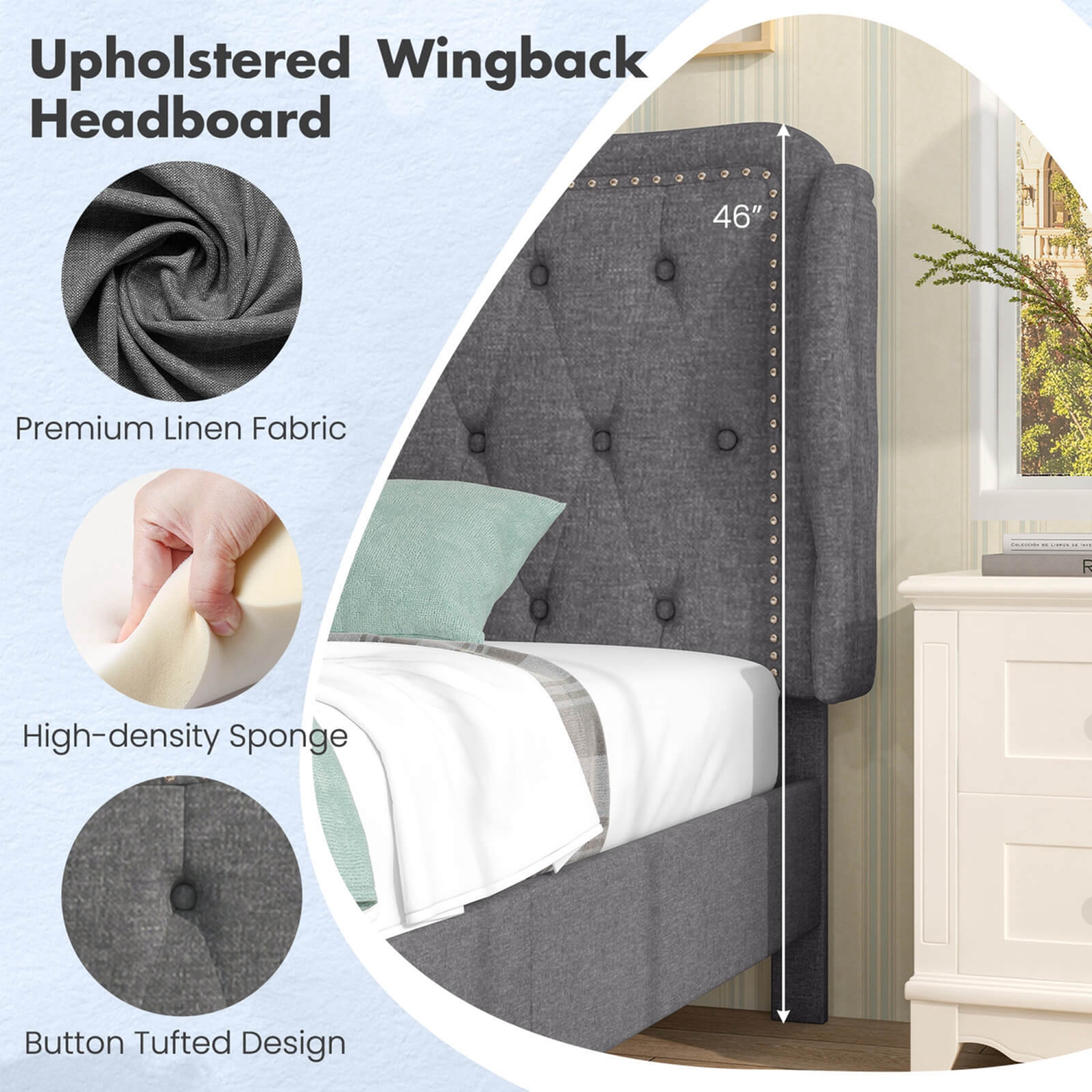 Costway Twin Size Bed Frame with Button Tufted Wingback Headboard Wooden Slats Support