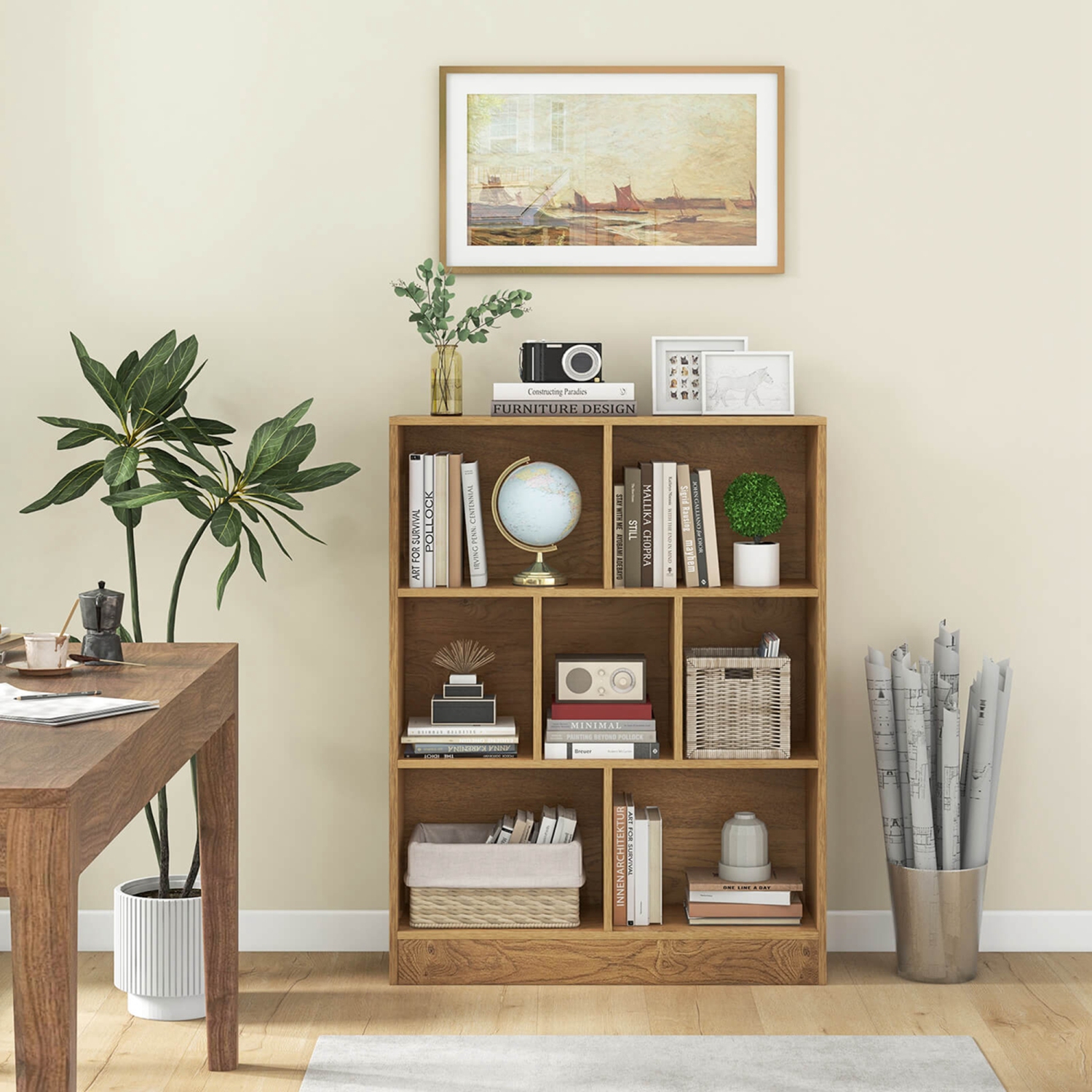 Costway 7-Cube Bookcase for Kids 41" Wooden Toy Storage Organizer Freestanding Bookshelf