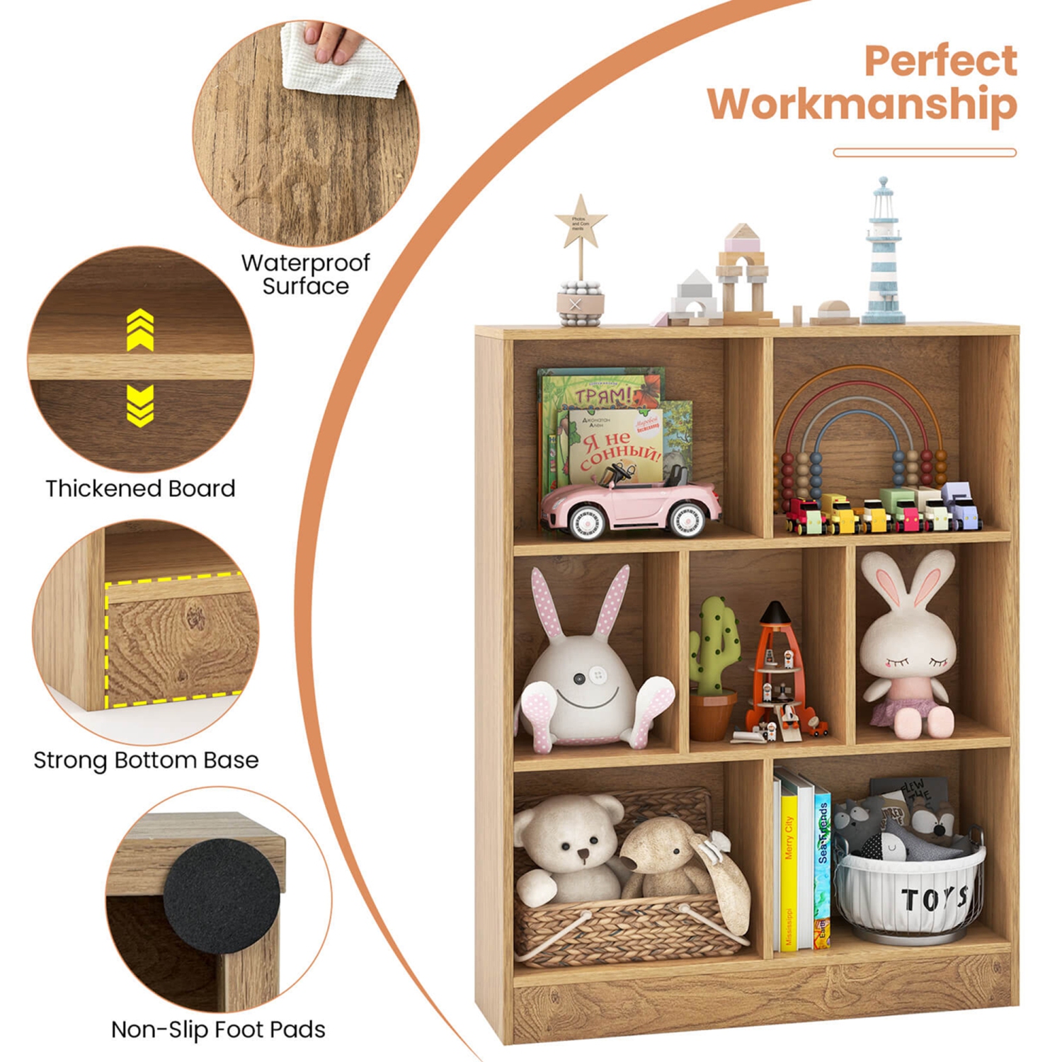 Costway 7-Cube Bookcase for Kids 41" Wooden Toy Storage Organizer Freestanding Bookshelf