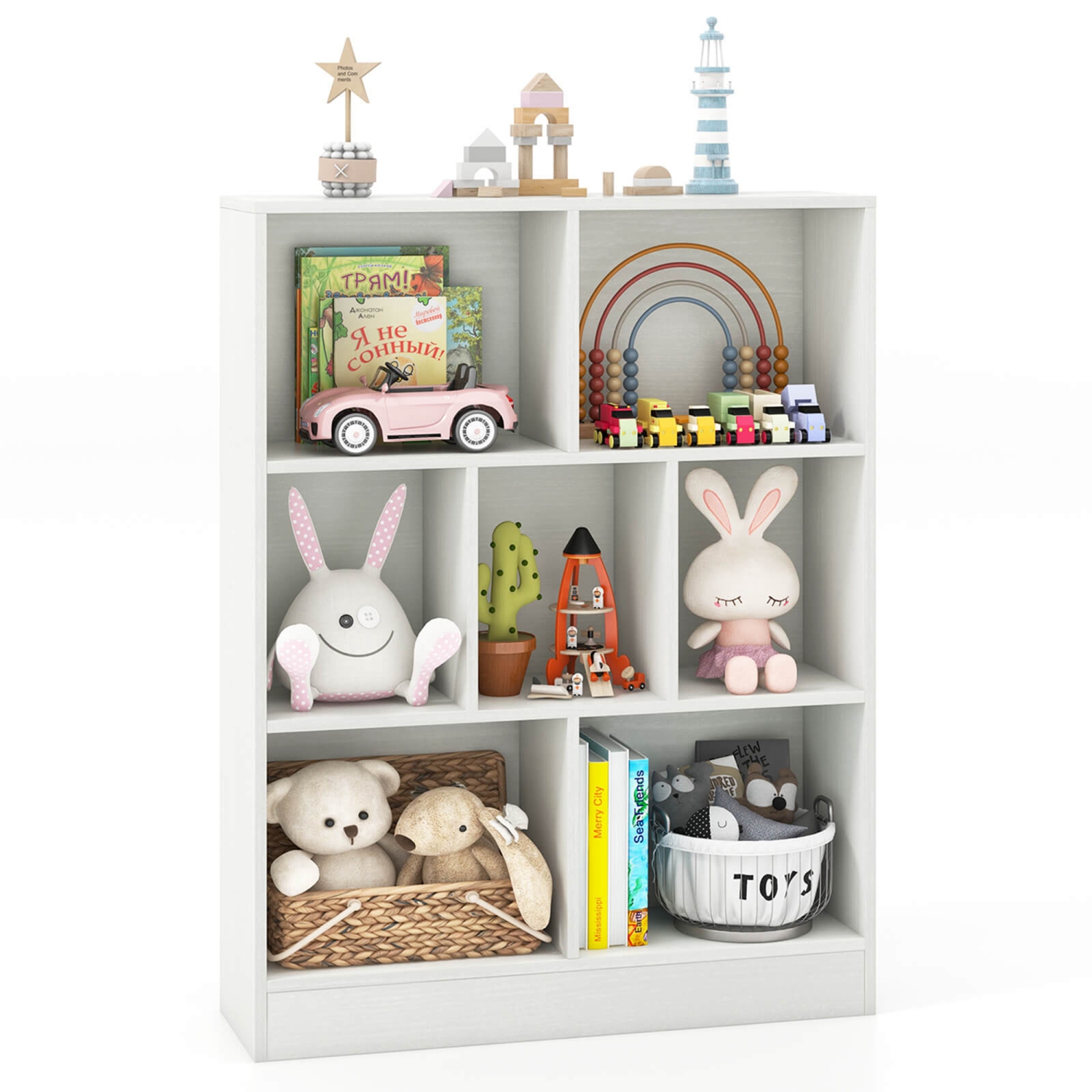 Costway 7-Cube Bookcase for Kids 41" Wooden Toy Storage Organizer Freestanding Bookshelf
