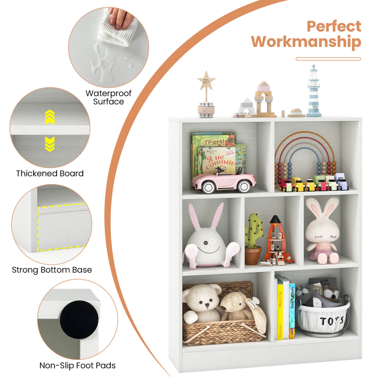 Costway 7-Cube Bookcase for Kids 41" Wooden Toy Storage Organizer Freestanding Bookshelf