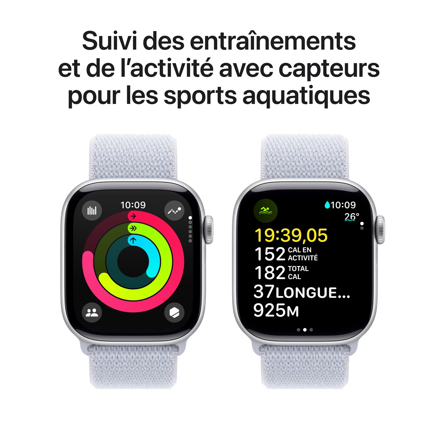 Boîte ouverte - Apple Watch Series 10 avec boîtier en aluminium argenté 42&nbsp;mm et bracelet sport à rabat bleu nuage