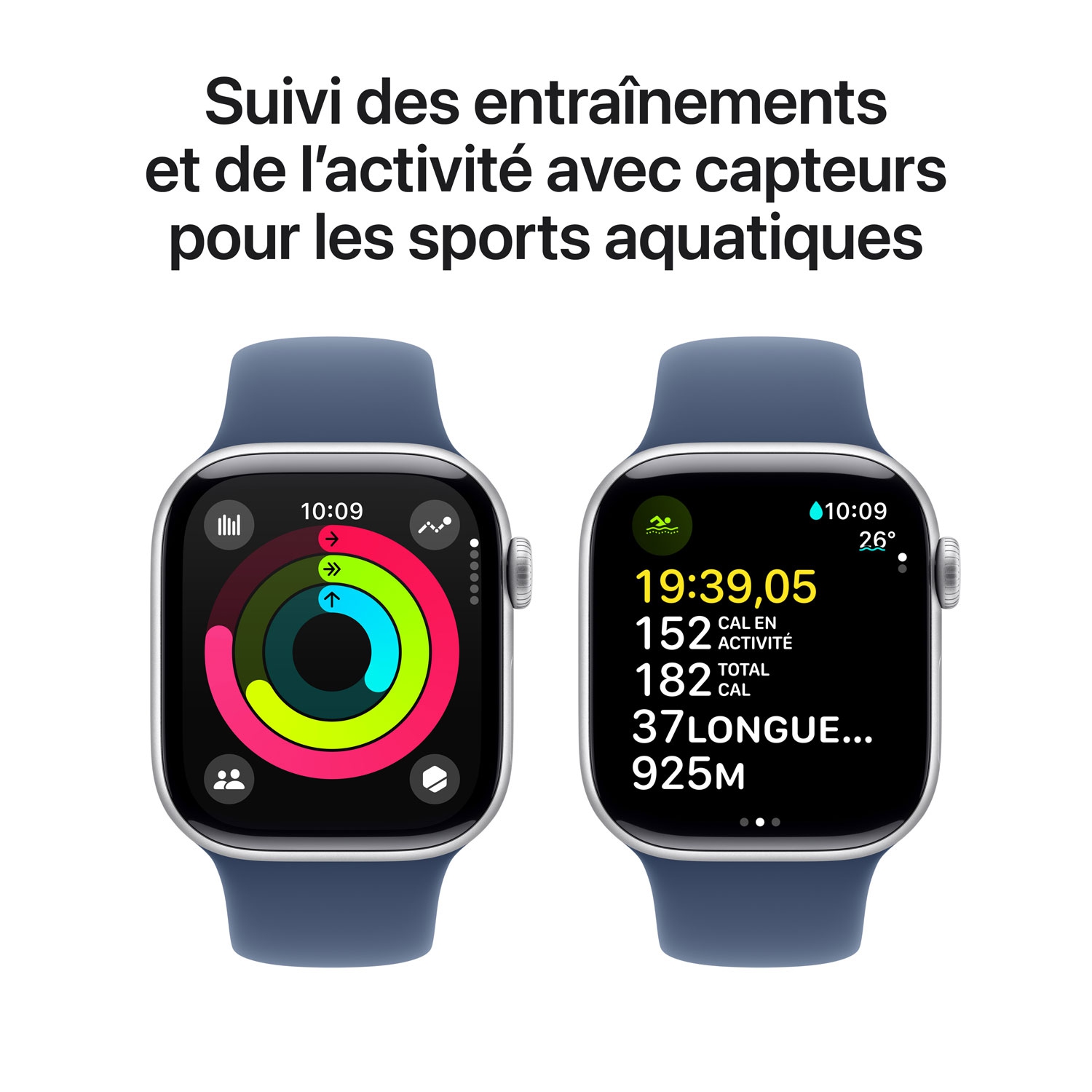 Remis à neuf - Apple Watch Series 10 (GPS + cellulaire) 42 mm avec boîtier en aluminium argenté et bracelet sport denim - Petit/Moyen
