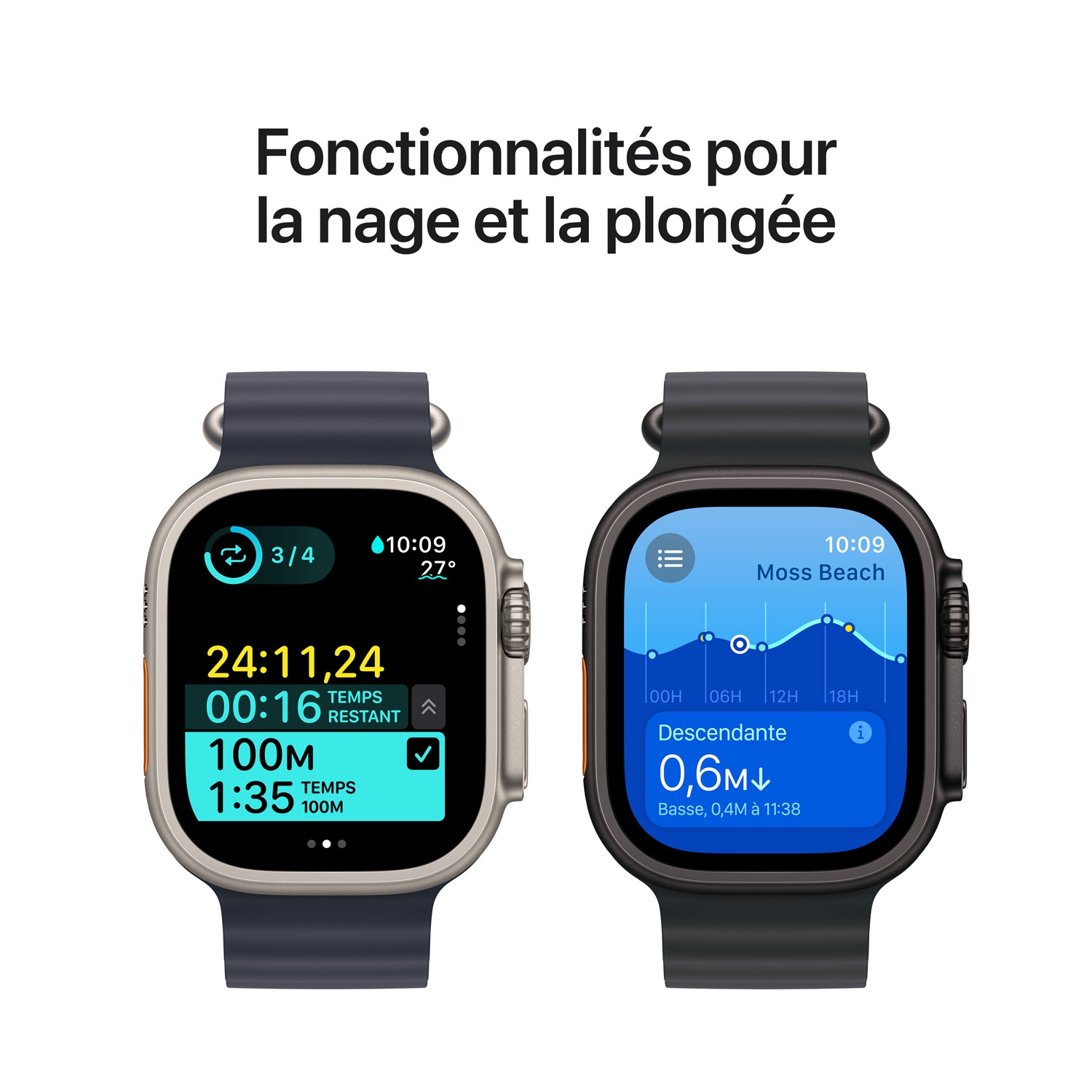Boîte ouverte - Apple Watch Ultra 2 avec boîtier en titane noir 49 mm et bracelet océan noir