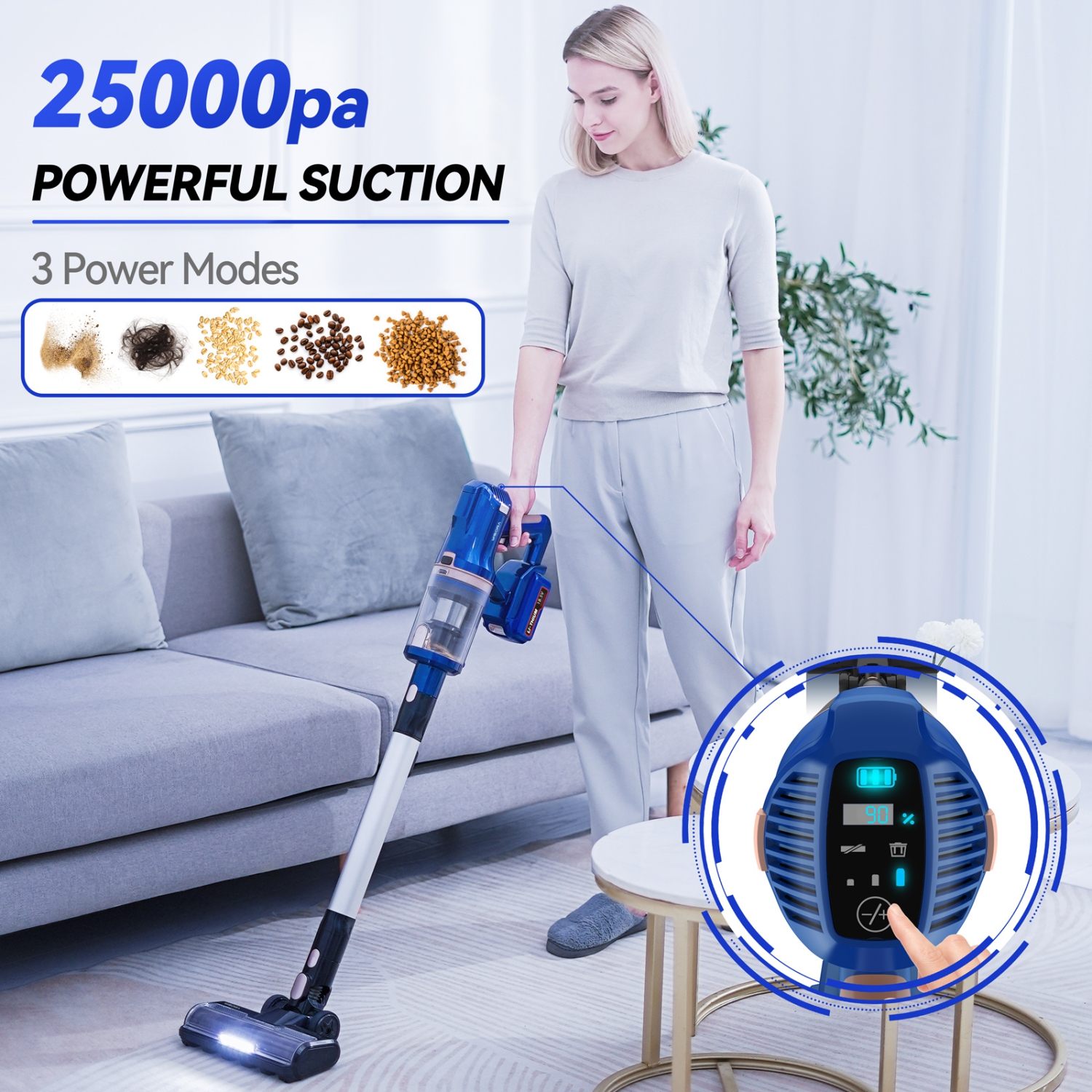 V12 Cordless Vacuum Cleaners, 50Kpa Lightweight Stick Vacuum Cleaner with 60 Min Runtime Detachable Battery, Brushless Motor, 3 Modes Powerful