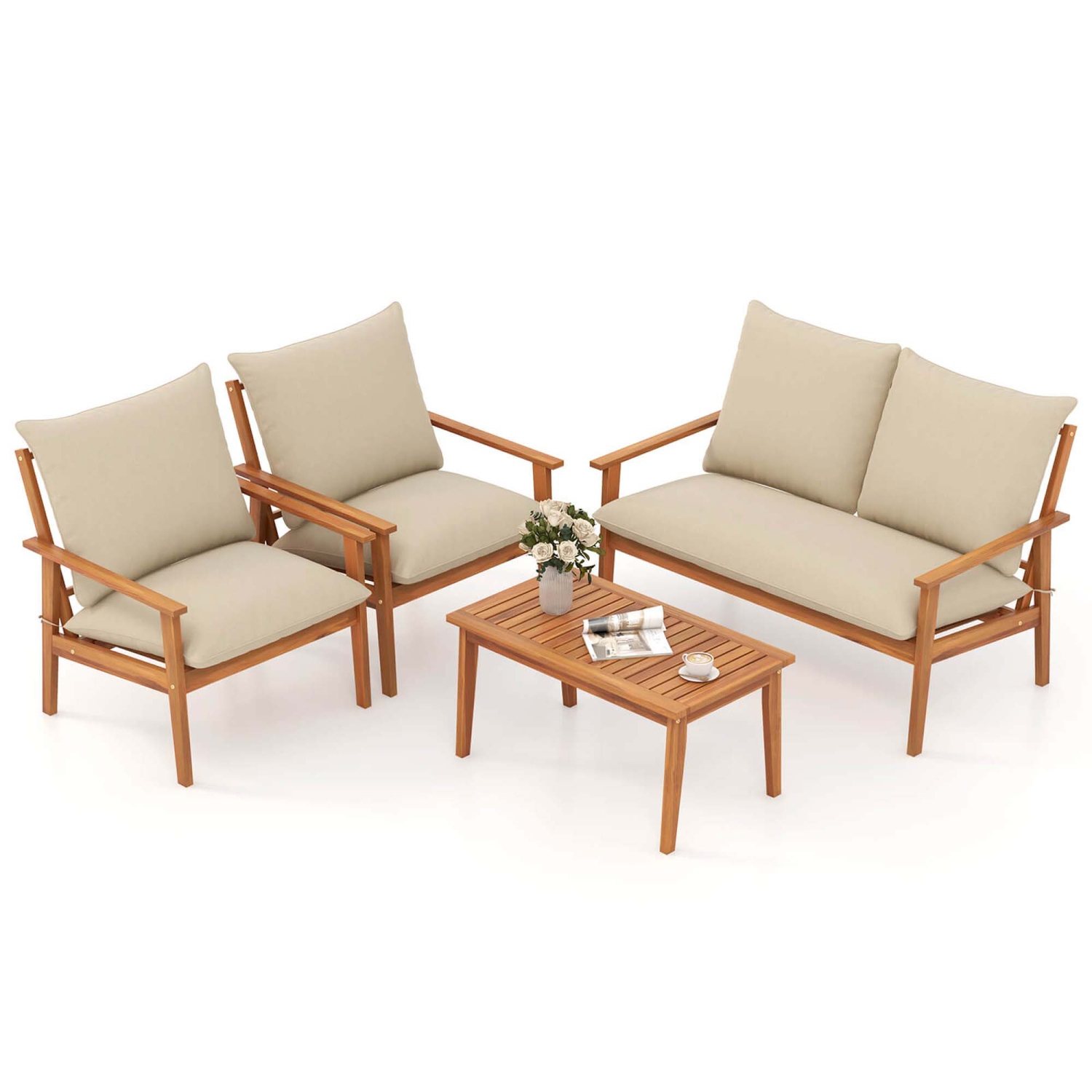 Costway 4 PCS Acacia Wood Patio Furniture Set with Soft Cushions and Coffee Table