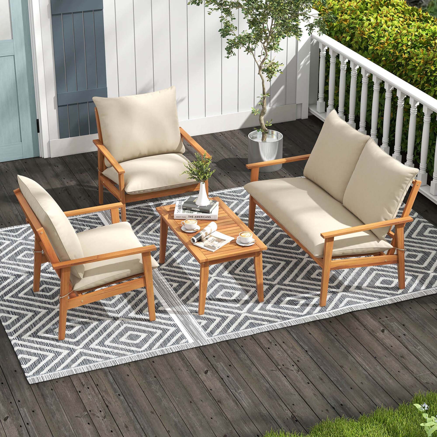 Costway 4 PCS Acacia Wood Patio Furniture Set with Soft Cushions and Coffee Table