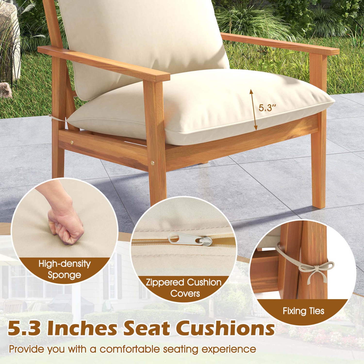 Costway 4 PCS Acacia Wood Patio Furniture Set with Soft Cushions and Coffee Table