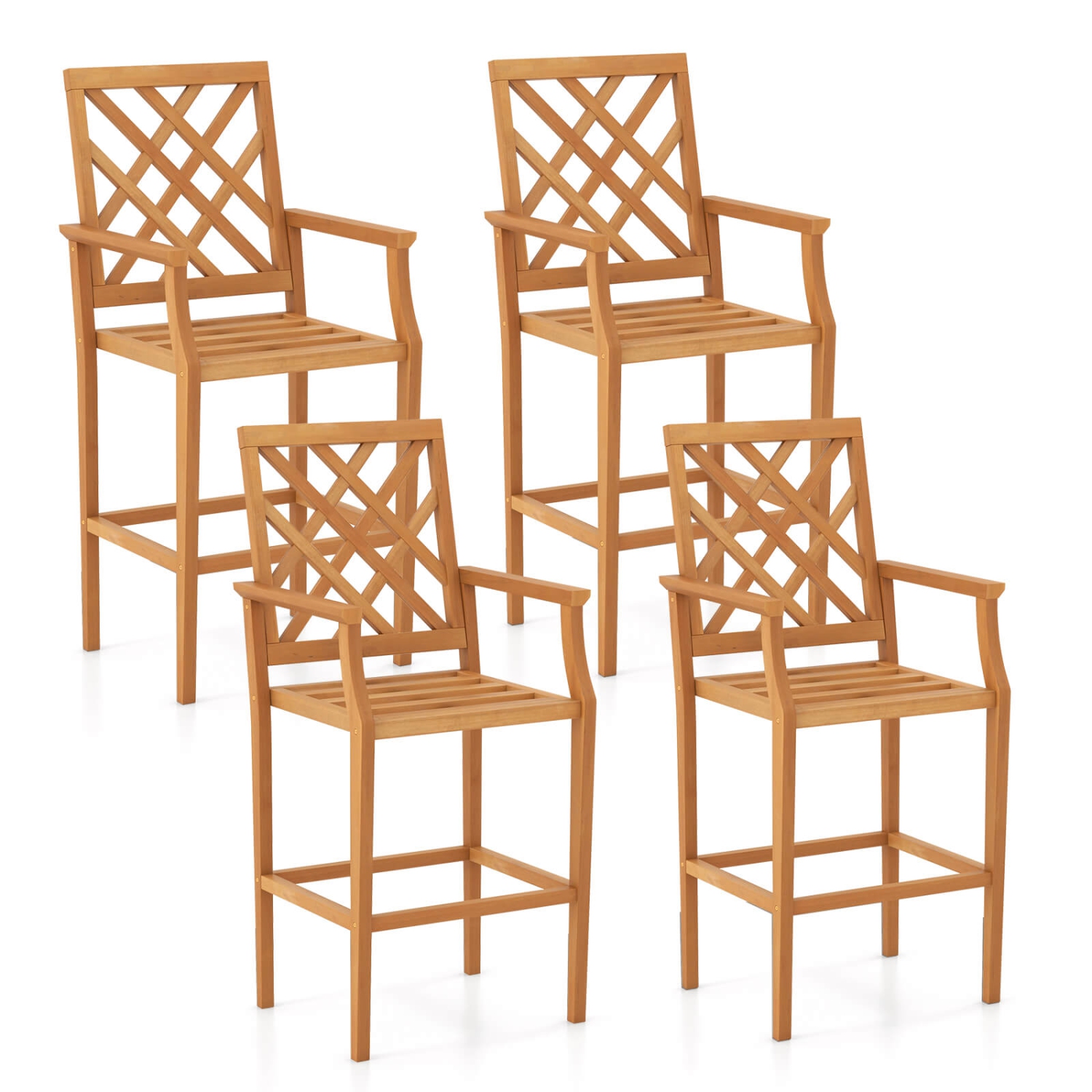 Costway 4 PCS Patio Teak Wood Bar Stool with Ergonomic Backrest Armrests & Footrest Outdoor