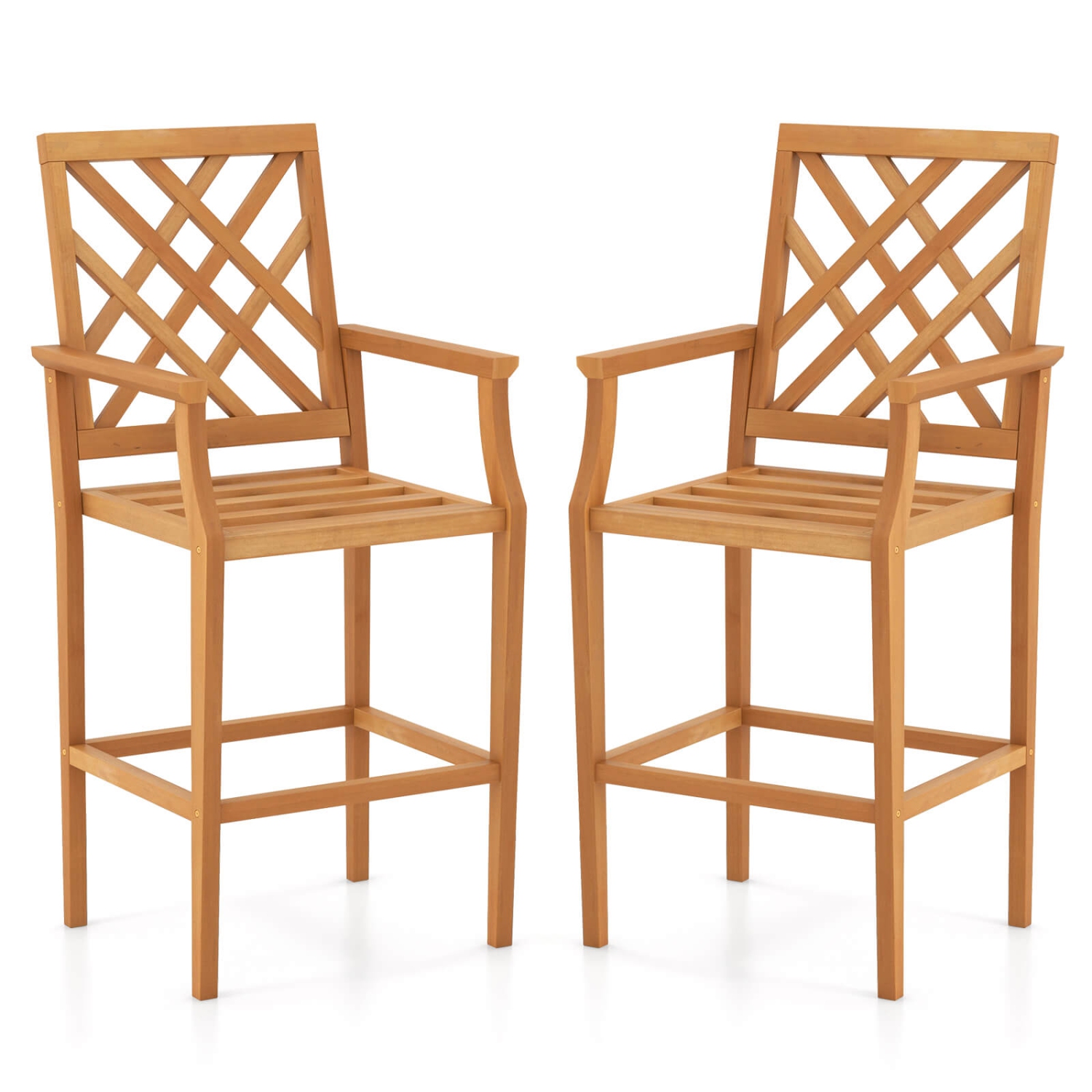 Costway 2 PCS Patio Teak Wood Bar Stool with Ergonomic Backrest Armrests & Footrest Outdoor