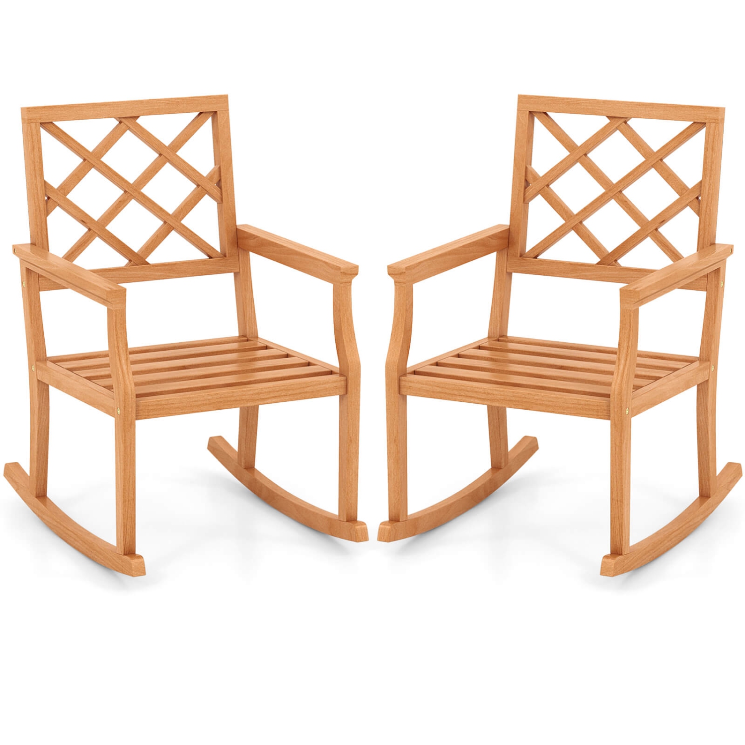 Chaise berçante en teck 2 PCS de Costway avec dossier et siège à lattes arrière et pelouse