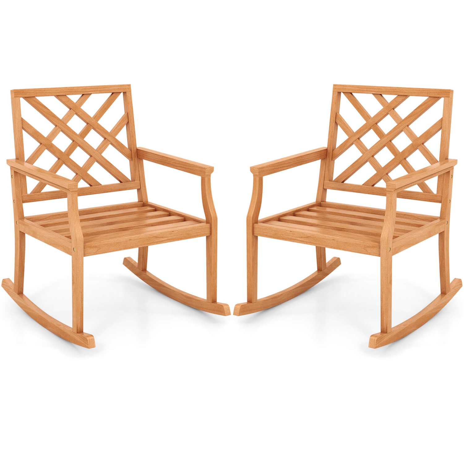 Chaise berçante en teck 2 PCS de Costway avec dossier et siège à lattes arrière et pelouse