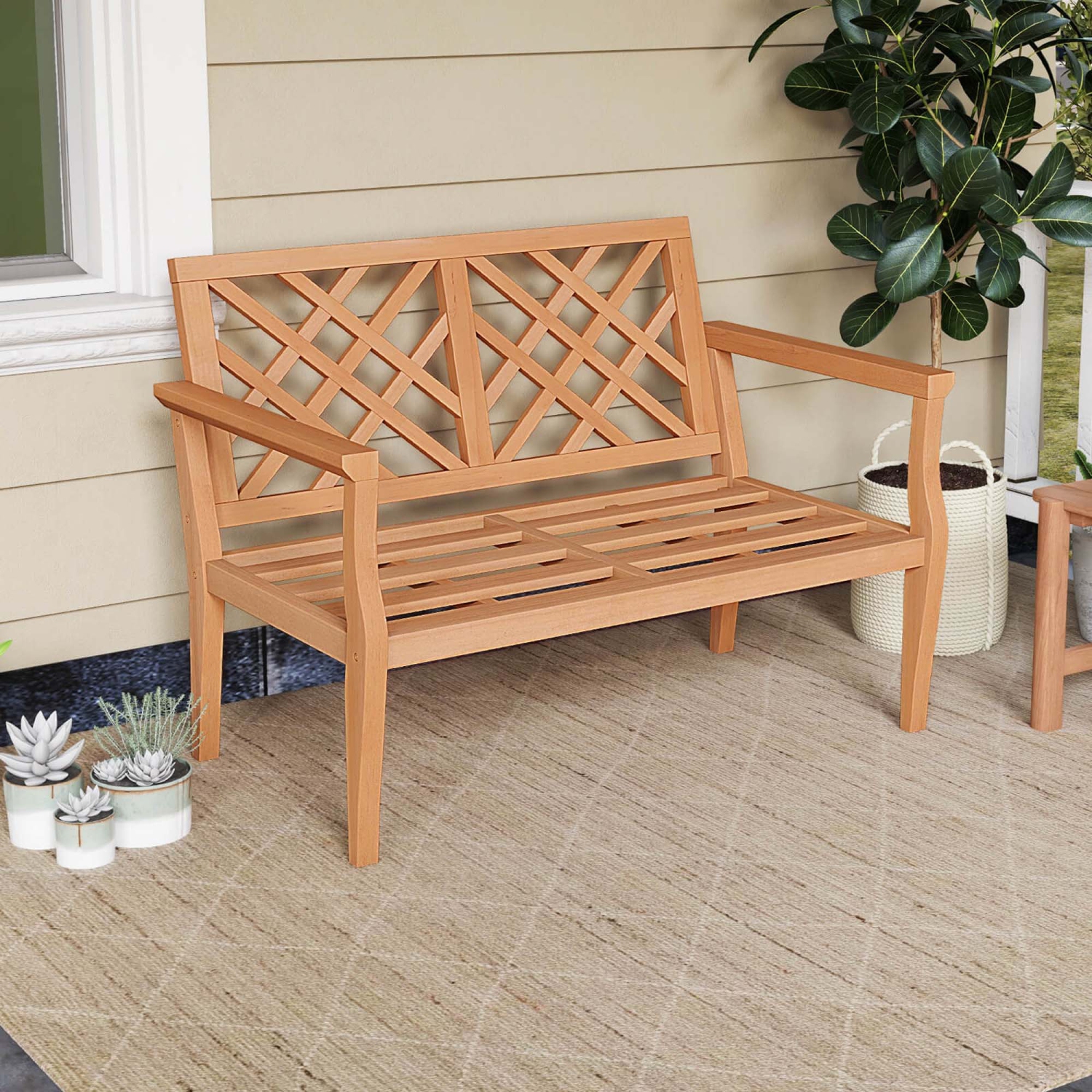 Costway 2-Person Outdoor Garden Bench with Comfy Armrests and Backrest Teak Wood