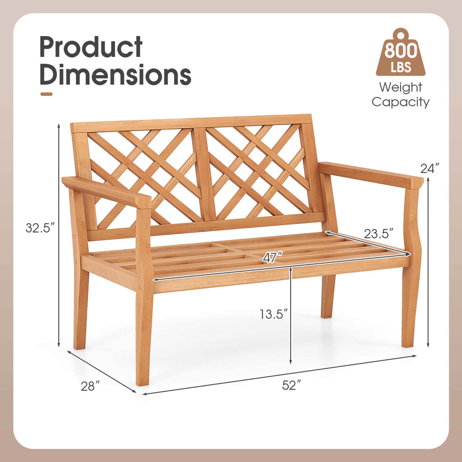 Costway 2-Person Outdoor Garden Bench with Comfy Armrests and Backrest Teak Wood
