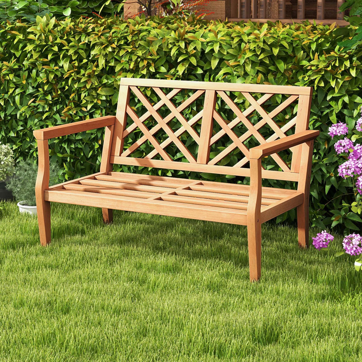 Costway 2-Person Outdoor Garden Bench with Comfy Armrests and Backrest Teak Wood