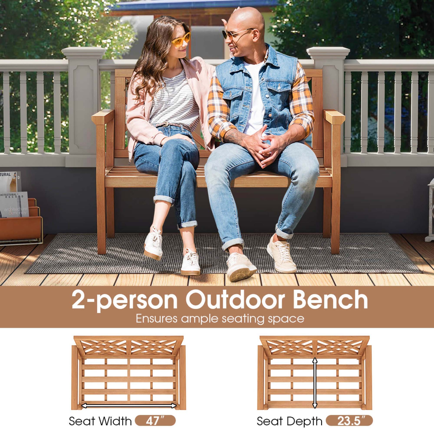 Costway 2-Person Outdoor Garden Bench with Comfy Armrests and Backrest Teak Wood