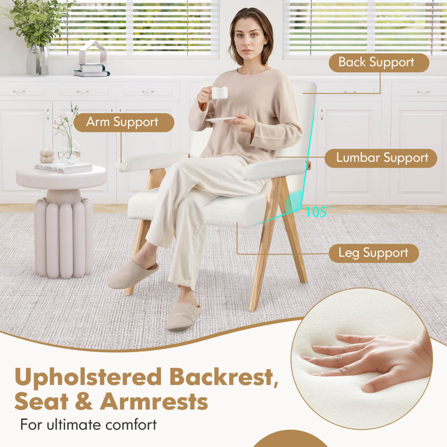 Fauteuil d'appoint moderne mi-siècle 1 PCS de Costway avec cadre en bois d'hévéa massif et accoudoirs rembourrés