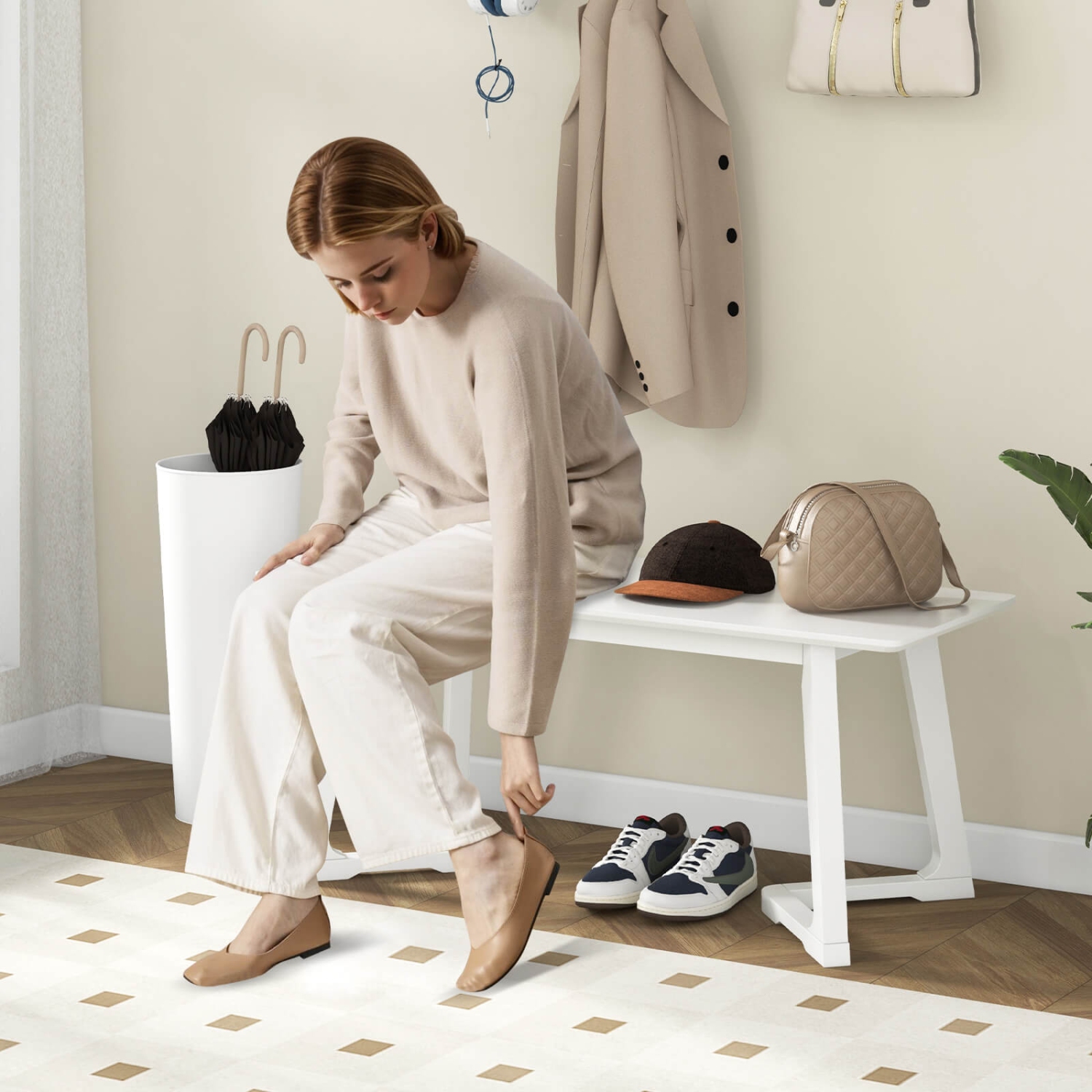 Banc d'entrée moderne de 42&nbsp;po 2 PCS de Costway avec pattes en caoutchouc et surface lisse pour les sièges