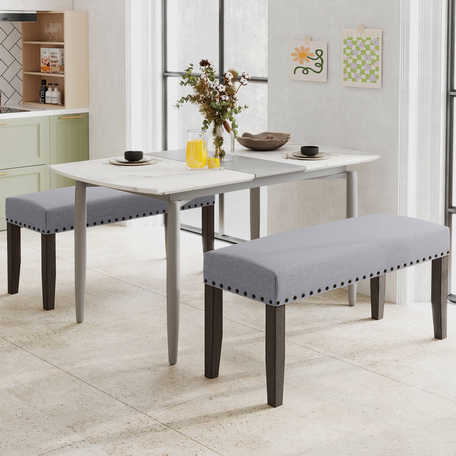 Costway 2 PCS 42.5" Upholstered Entryway Bench with Nailhead Trim Soft Padded Cushion Indoor