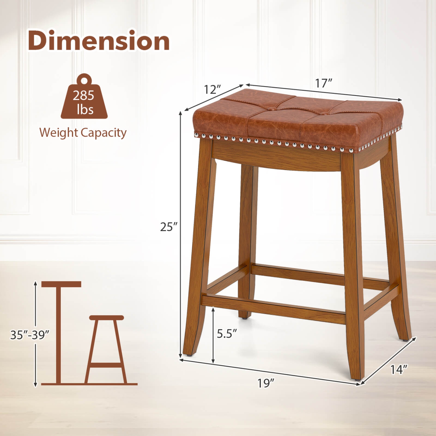 Costway Saddle Bar Stools Set of 4 with PU Leather Seat Solid Rubber Wood Frame Footrest