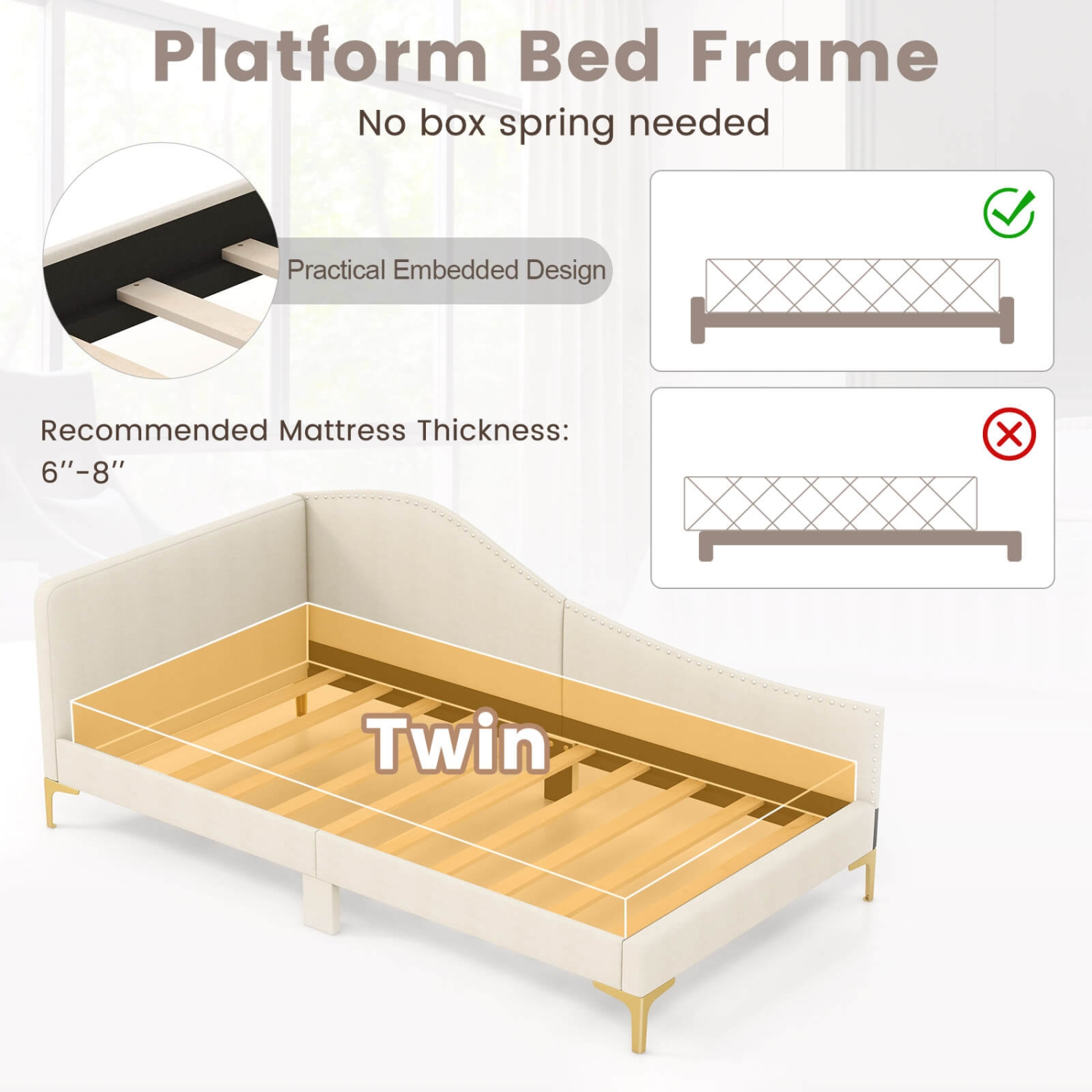 Costway Twin Size Upholstered Daybed Rivet-Tufted Platform Bed with Metal Legs