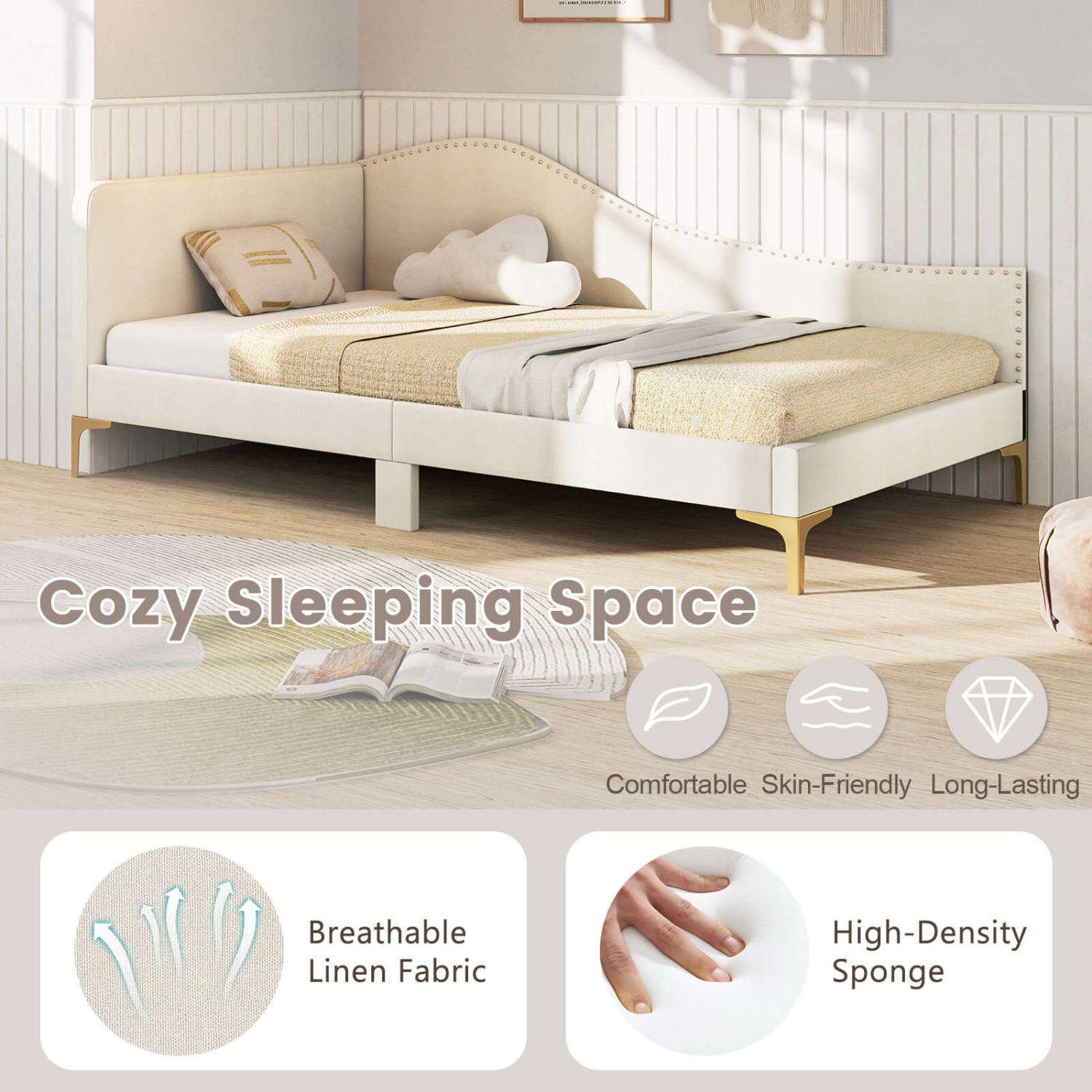 Costway Twin Size Upholstered Daybed Rivet-Tufted Platform Bed with Metal Legs