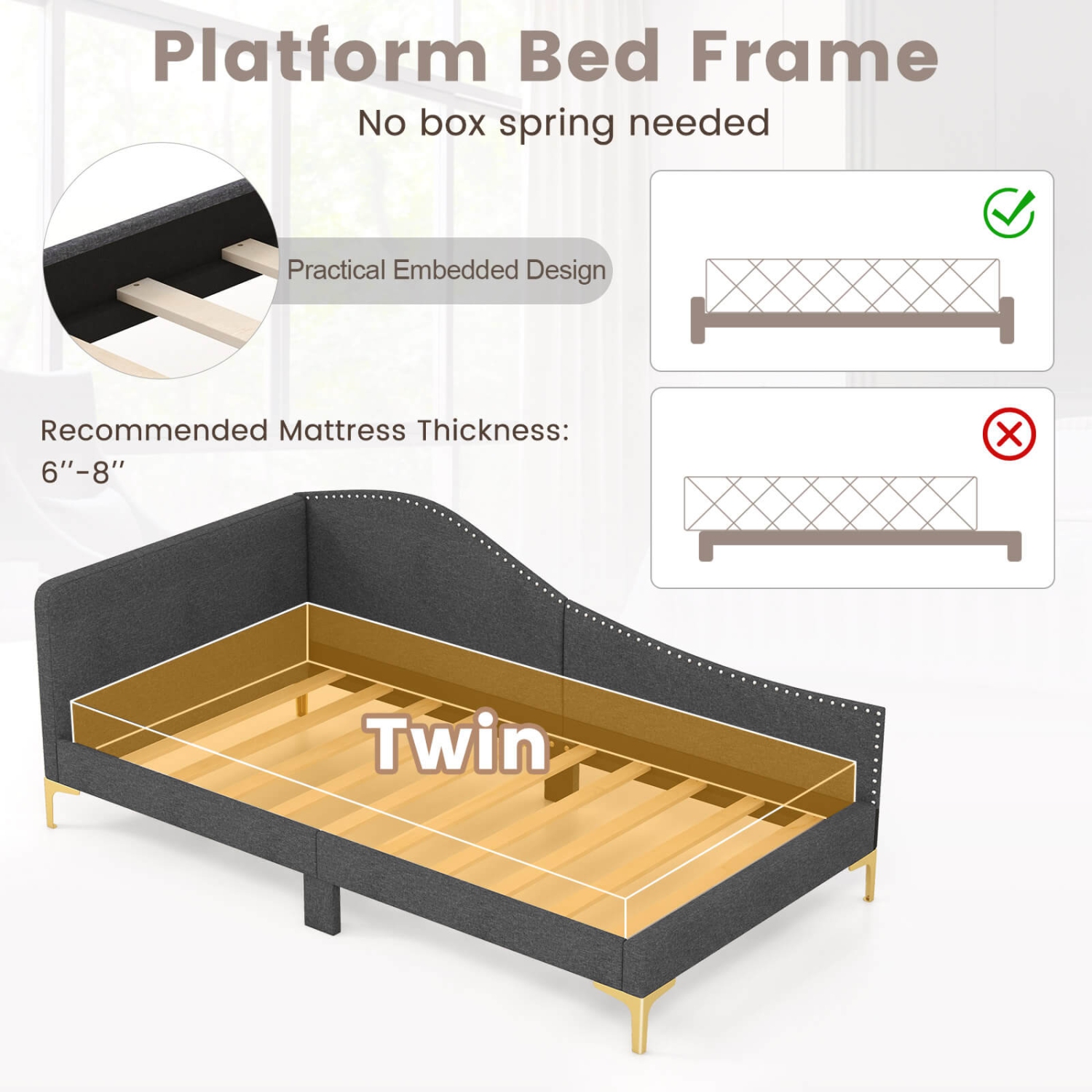 Costway Twin Size Upholstered Daybed Rivet-Tufted Platform Bed with Metal Legs