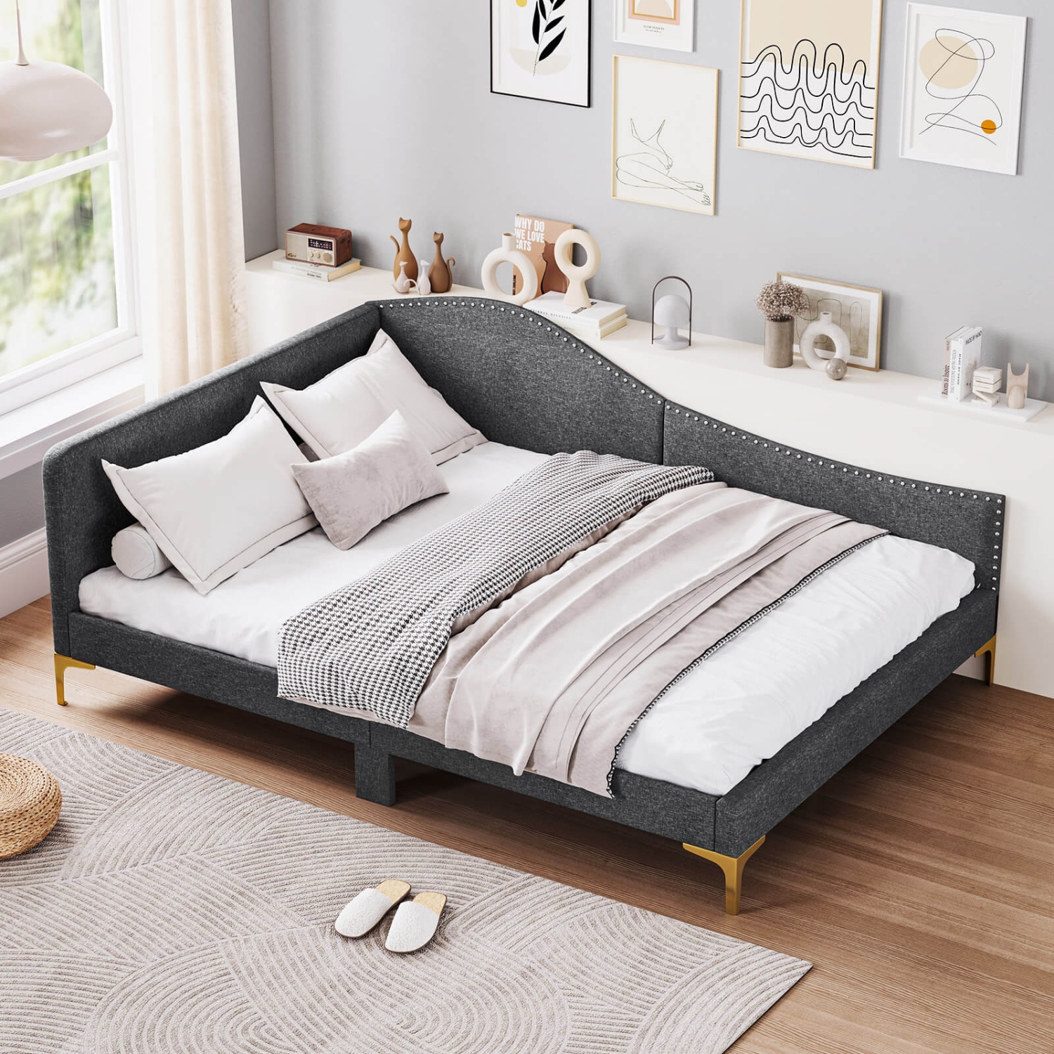 Costway Full Size Upholstered Daybed Rivet-Tufted Platform Bed with Metal Legs Wood Slats