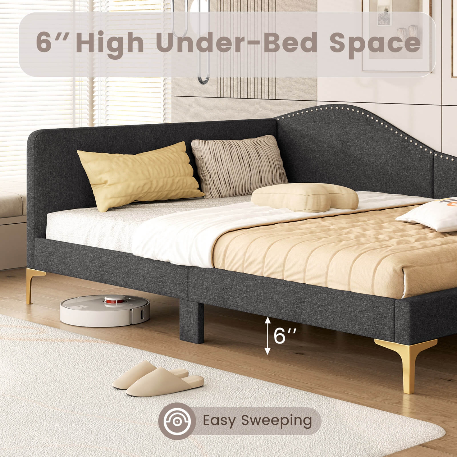 Costway Full Size Upholstered Daybed Rivet-Tufted Platform Bed with Metal Legs Wood Slats