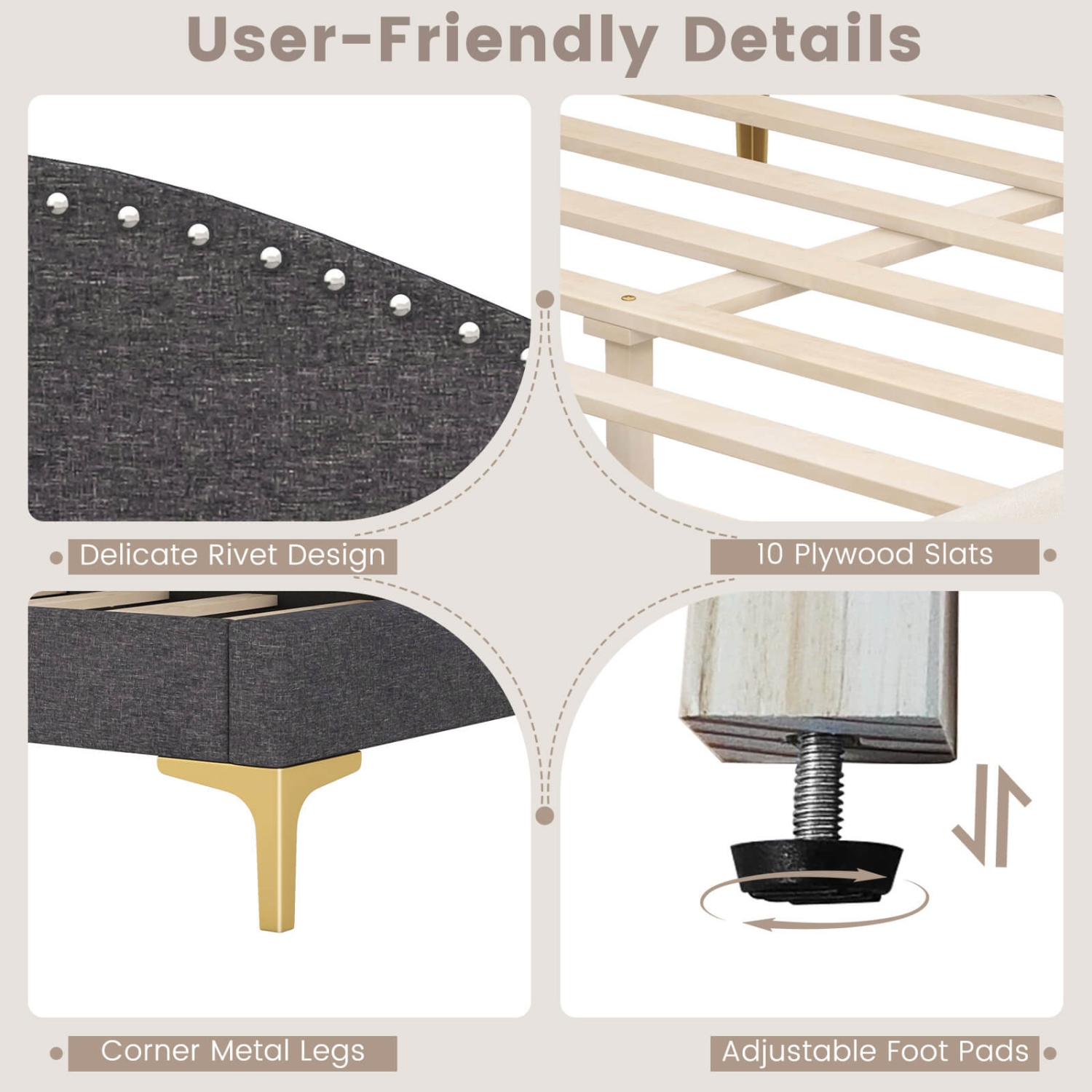 Costway Full Size Upholstered Daybed Rivet-Tufted Platform Bed with Metal Legs Wood Slats