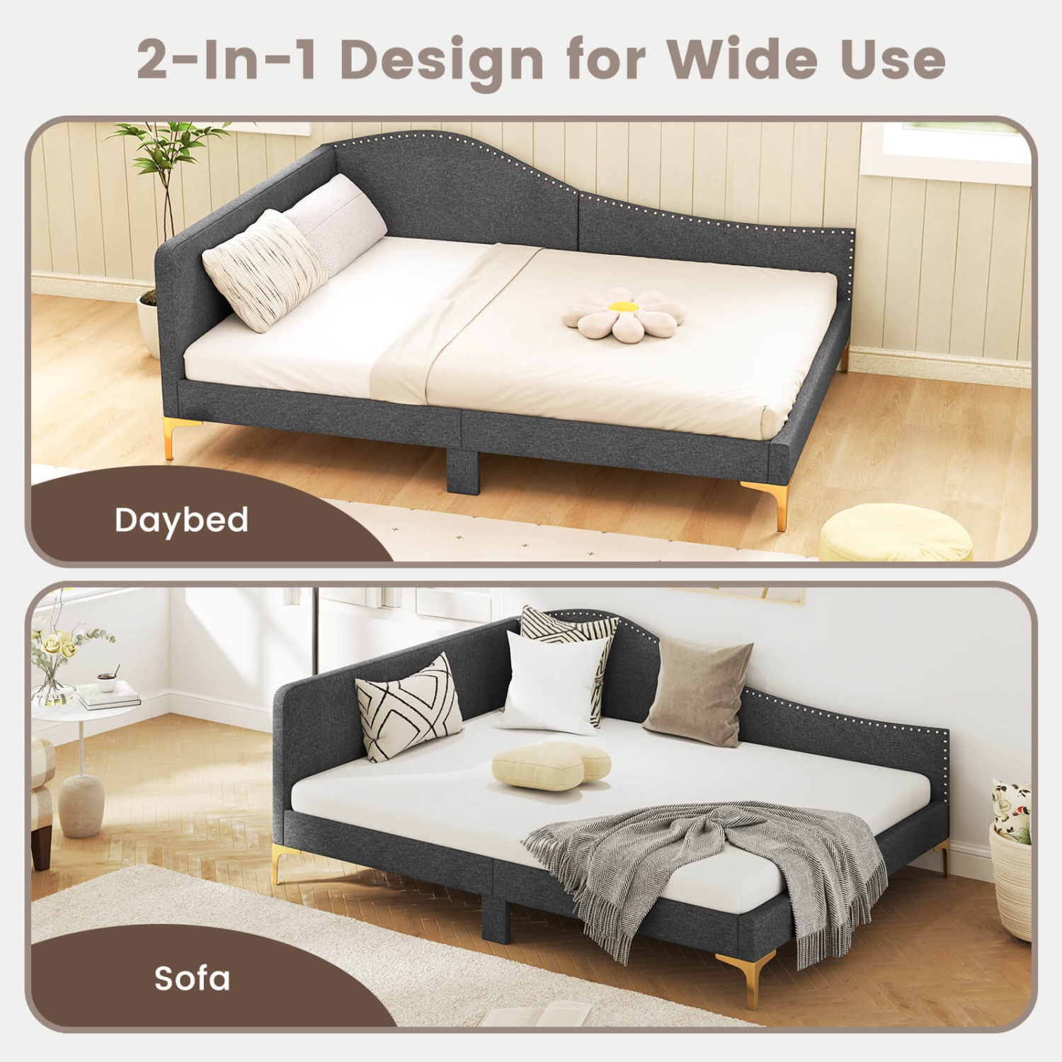 Costway Full Size Upholstered Daybed Rivet-Tufted Platform Bed with Metal Legs Wood Slats