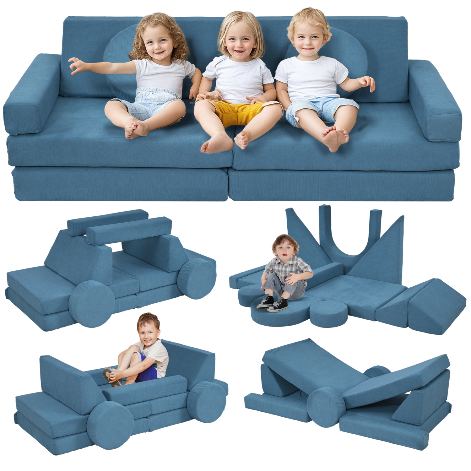 Qaba 12-Piece Modular Kids Play Couch Building Fort for Playroom Bedroom, Convertible Kids Sofa Foam and Floor Cushion, Boys and Girls, Blue