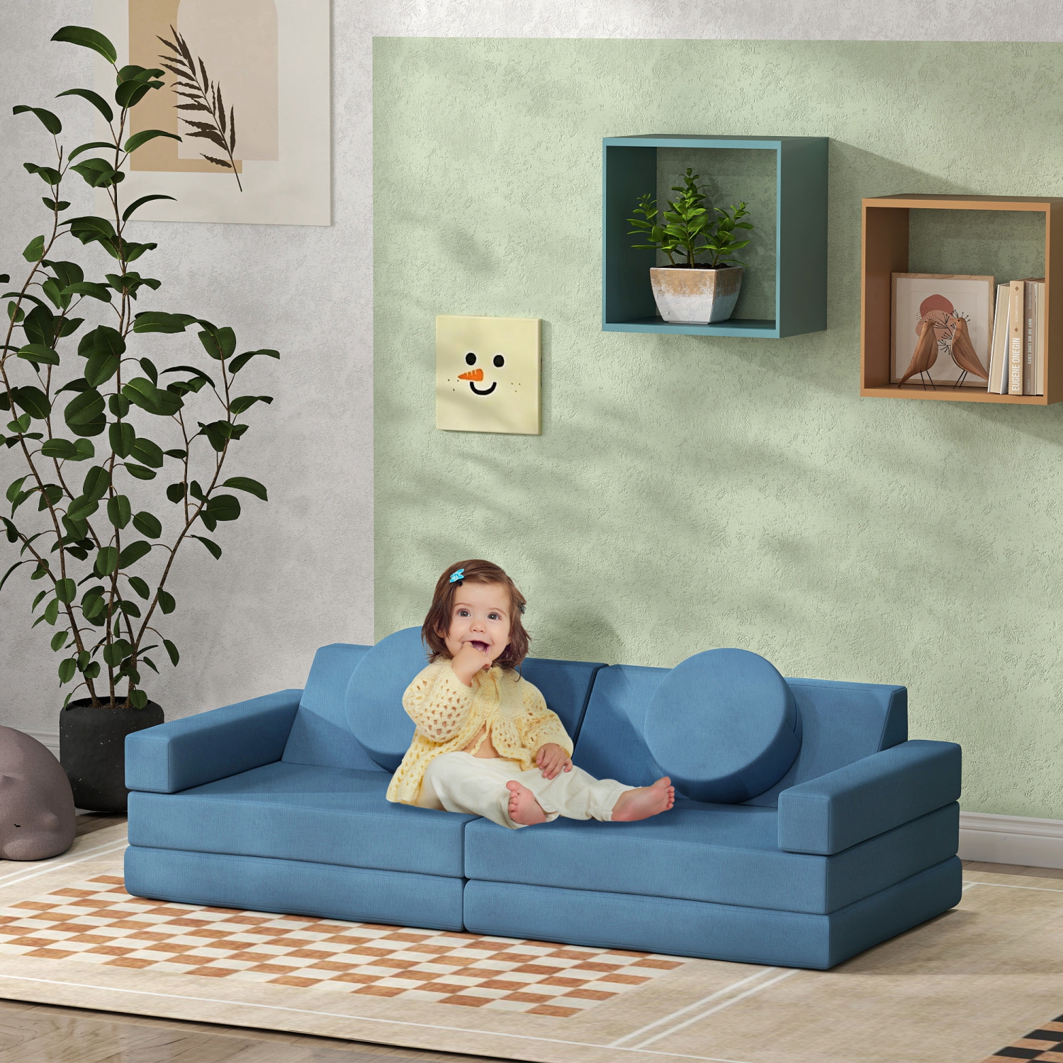 Qaba 12-Piece Modular Kids Play Couch Building Fort for Playroom Bedroom, Convertible Kids Sofa Foam and Floor Cushion, Boys and Girls, Blue