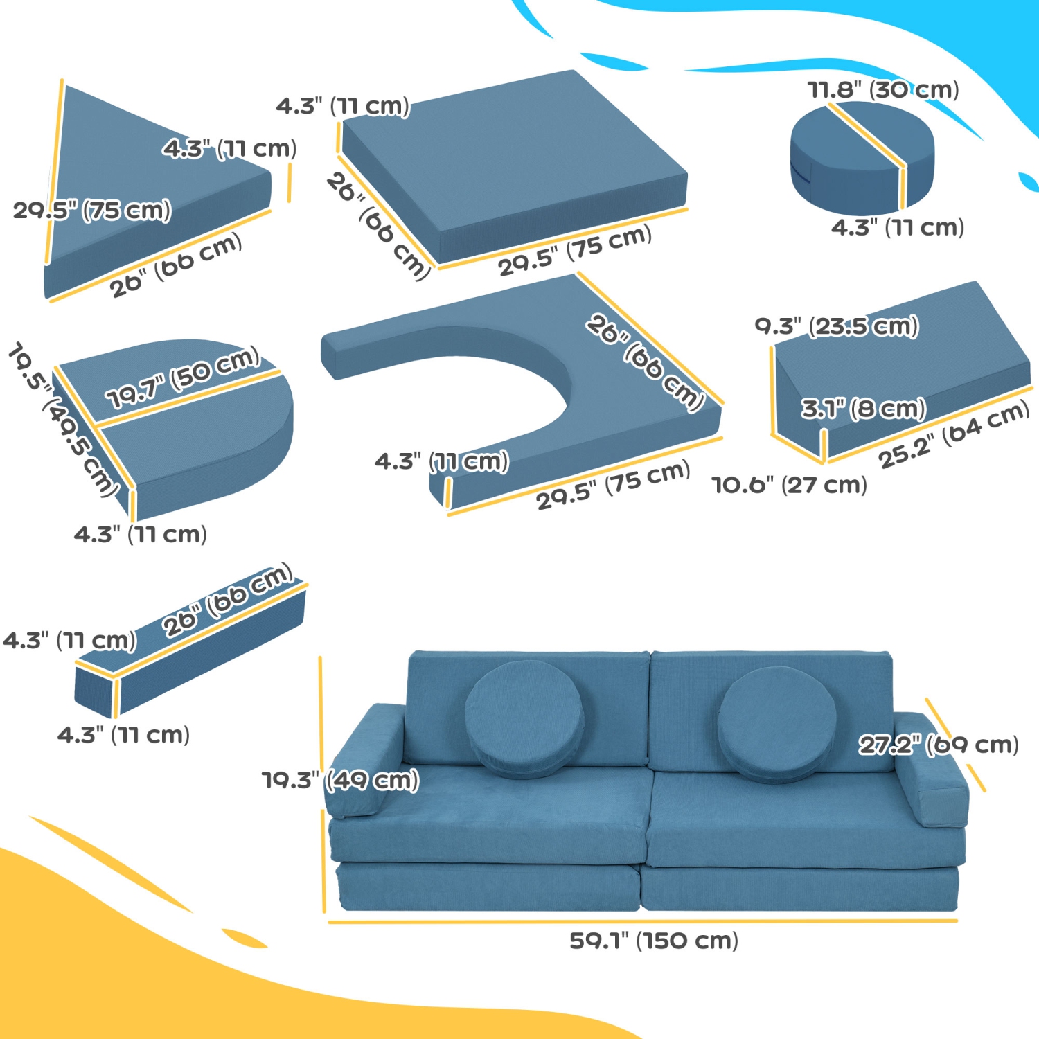 Qaba 12-Piece Modular Kids Play Couch Building Fort for Playroom Bedroom, Convertible Kids Sofa Foam and Floor Cushion, Boys and Girls, Blue