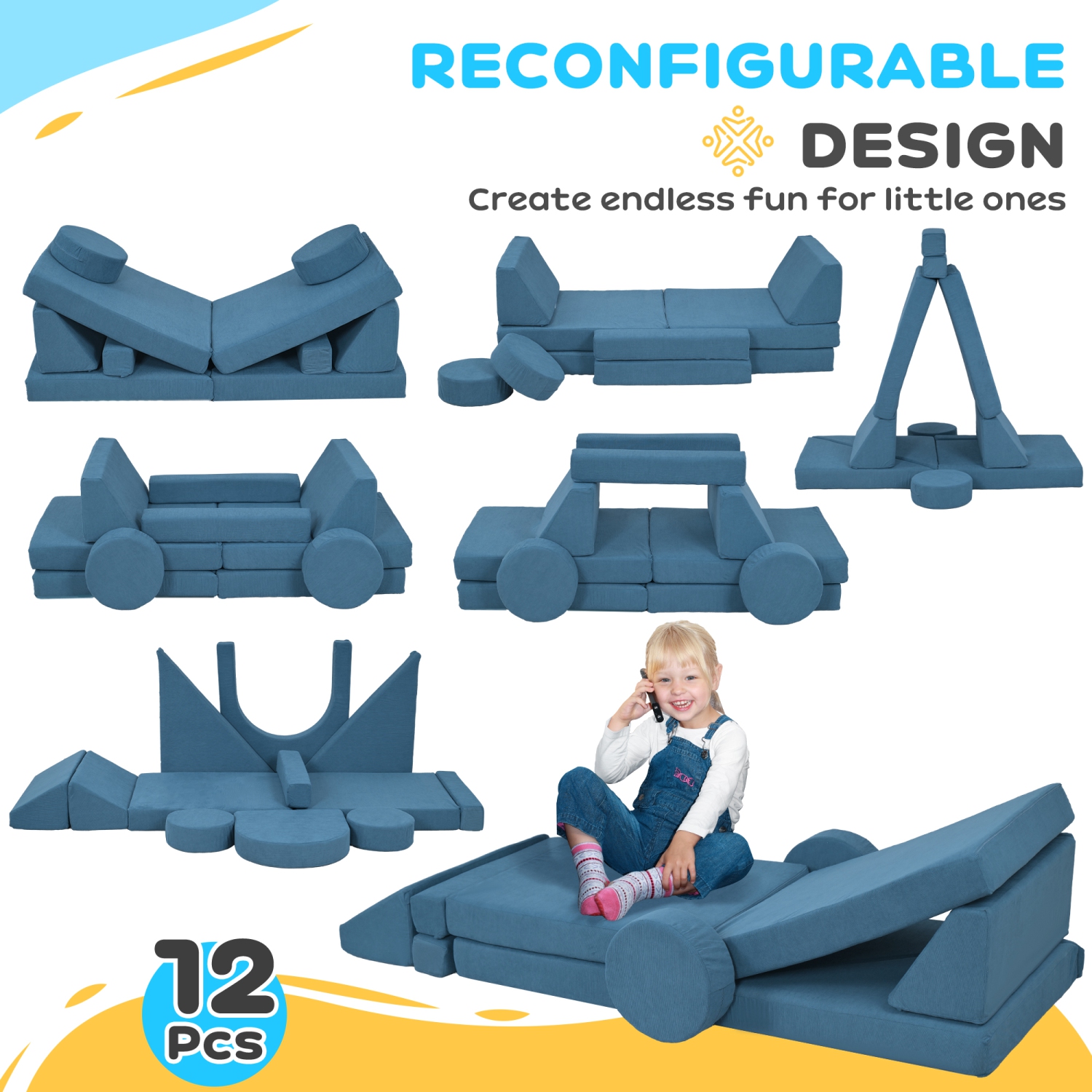 Qaba 12-Piece Modular Kids Play Couch Building Fort for Playroom Bedroom, Convertible Kids Sofa Foam and Floor Cushion, Boys and Girls, Blue