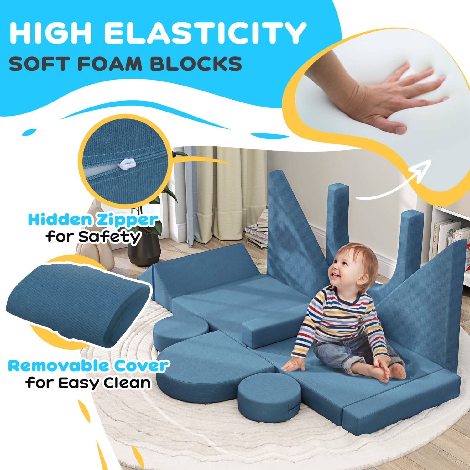 Qaba 12-Piece Modular Kids Play Couch Building Fort for Playroom Bedroom, Convertible Kids Sofa Foam and Floor Cushion, Boys and Girls, Blue