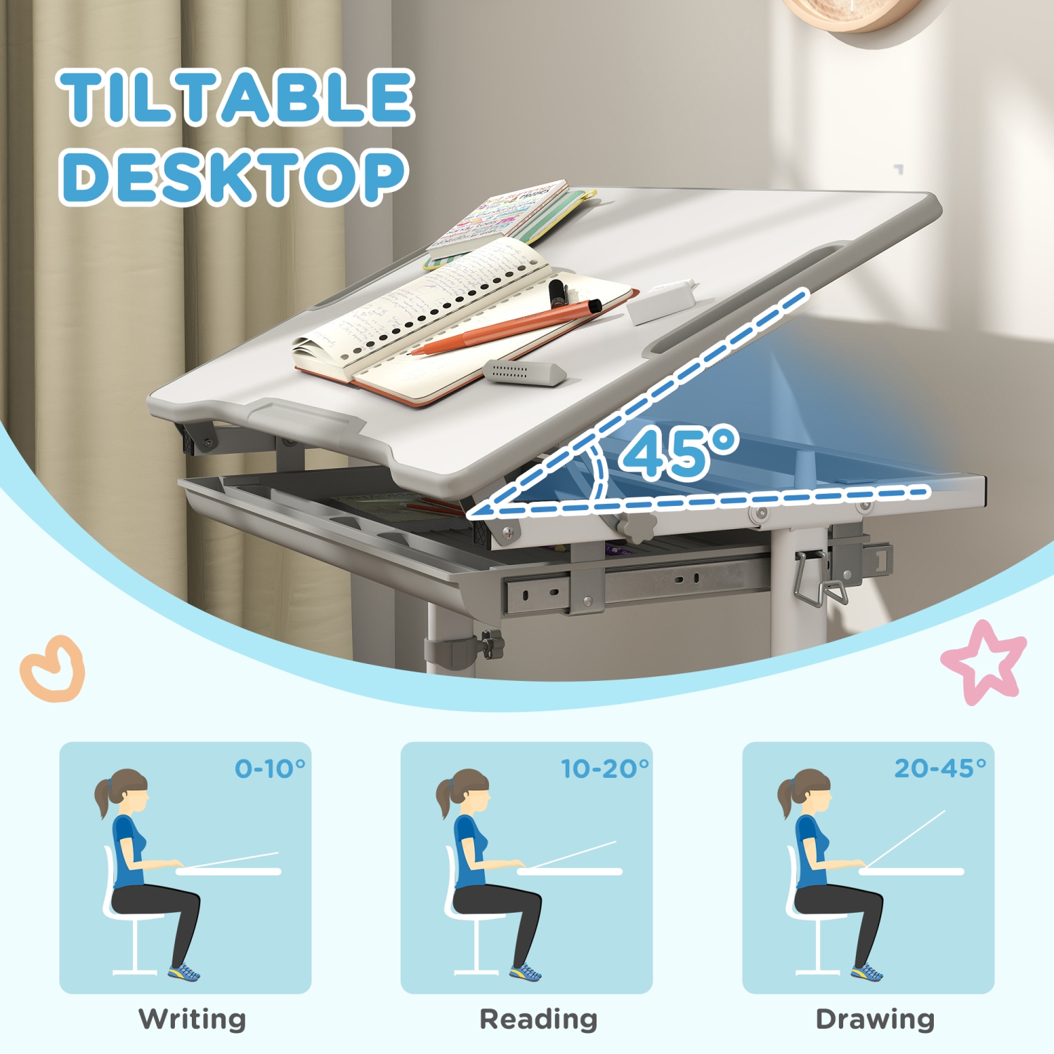 Ensemble bureau et chaise pour enfants de Qaba, ensemble chaise et table à hauteur réglable avec tiroir, fente pour stylo, bureau inclinable,