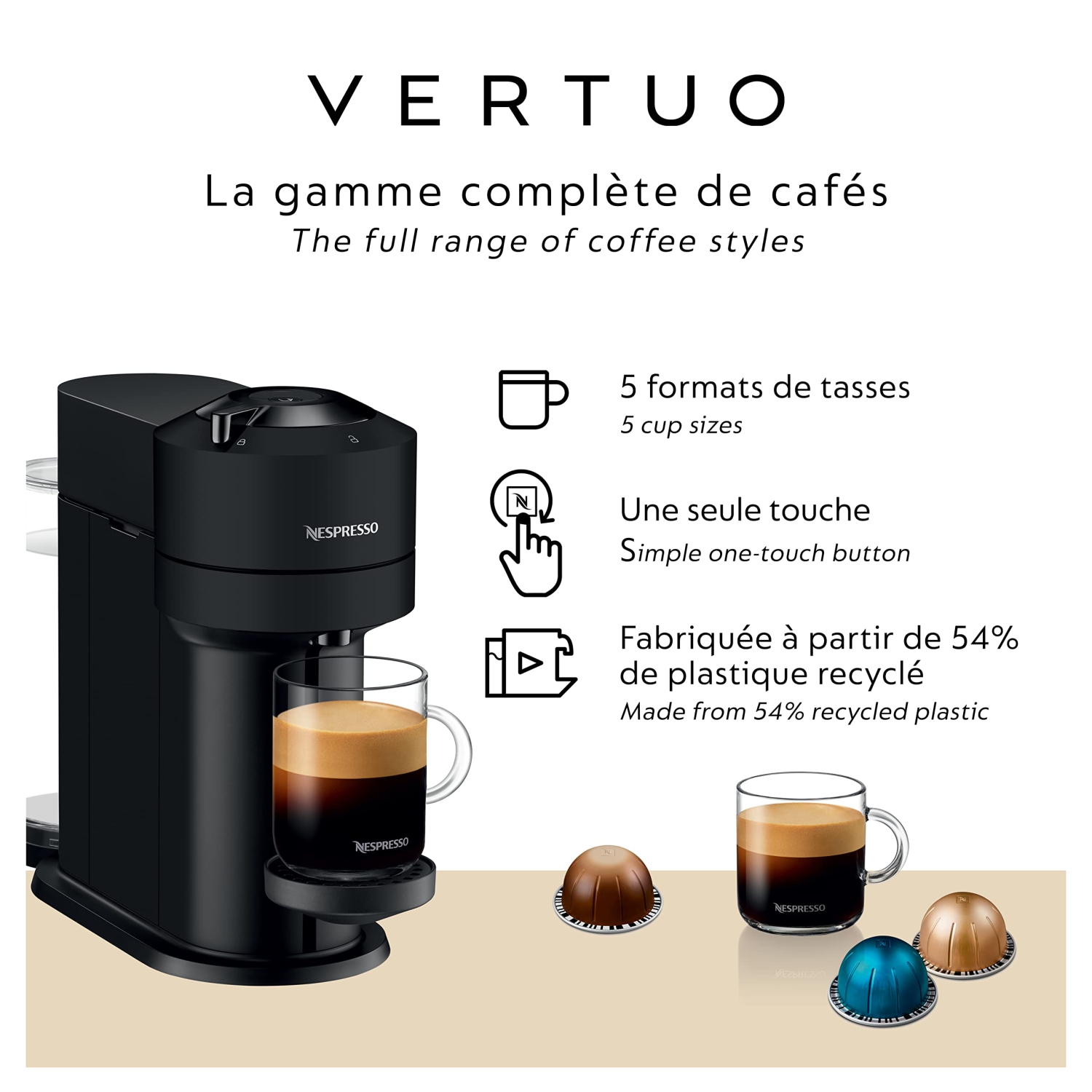 Machine à café et à espresso Nespresso Vertuo Next par De'Longhi, noir mat