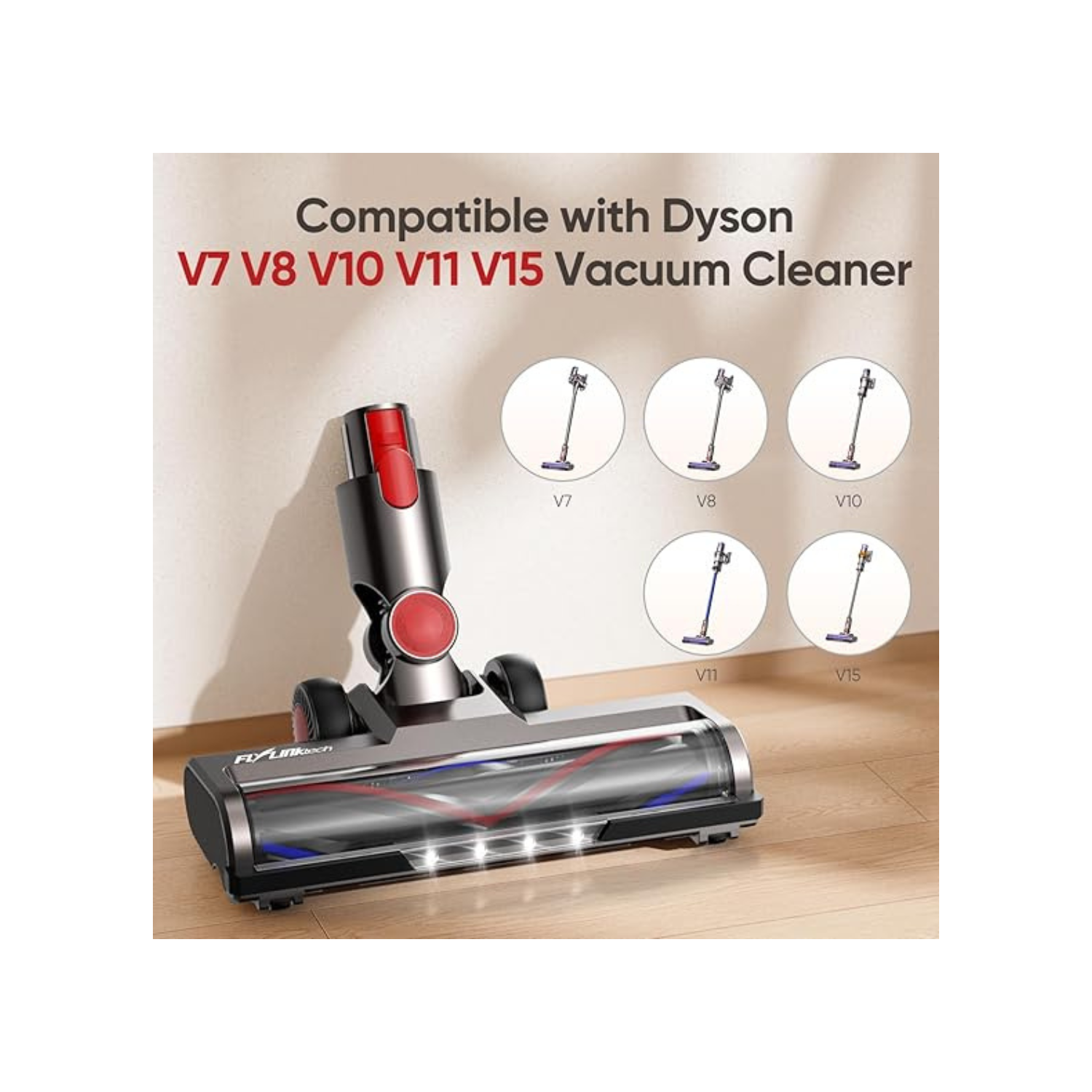 FLYLINKTECH Brush Head for V7 V8 V10 V11 V15 Vacuum Cleaners Motorhead Hardwood Floor Attachment with LED Headlights, V Shape Turbo Bristle Roller