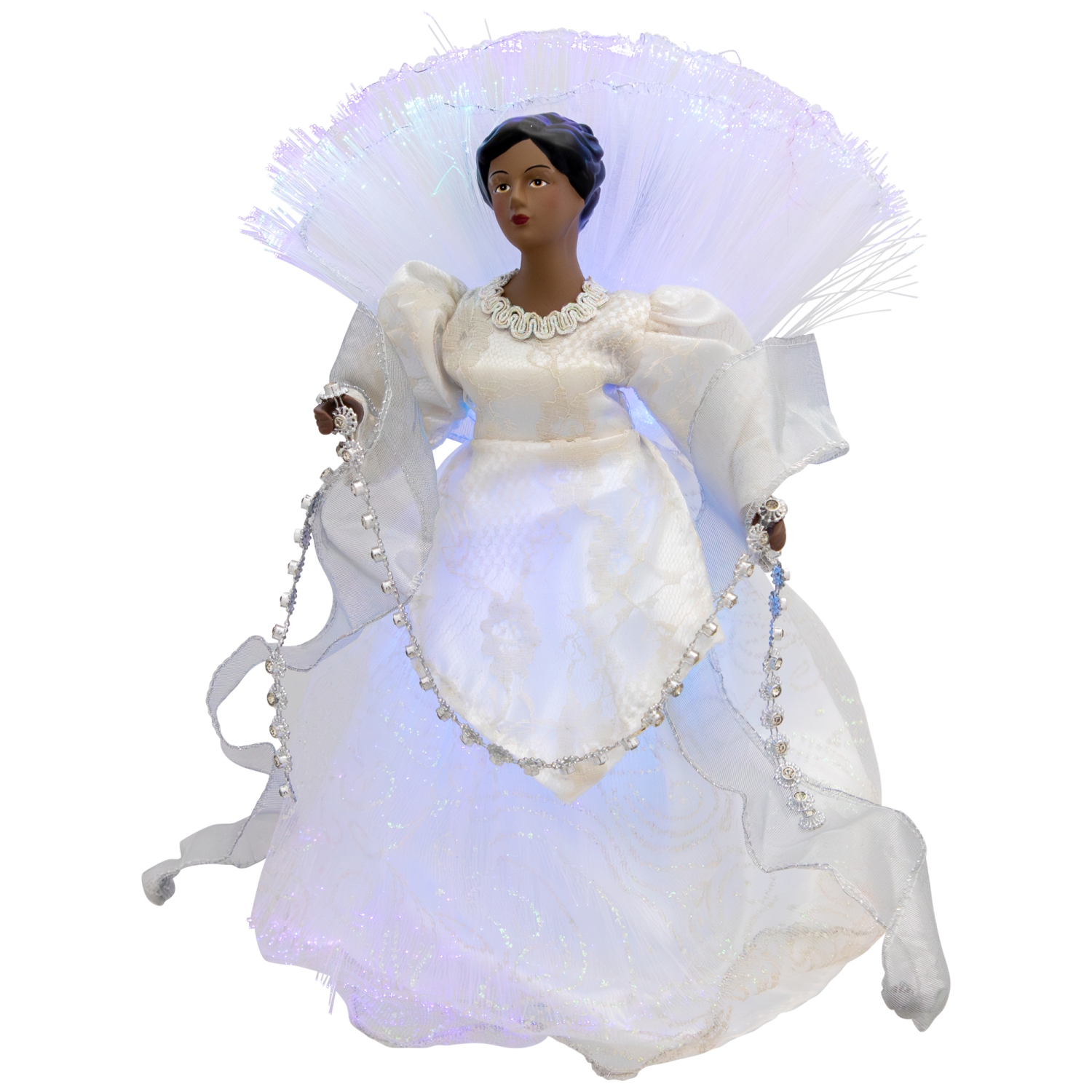 Lighted Fiber Optic African American Angel Christmas Tree Topper - 12" - Silver