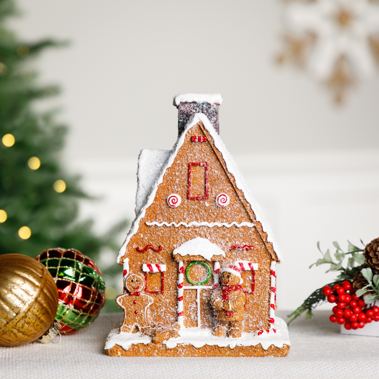 Frosted Gingerbread House with Gingerbread Man Christmas Decoration - 8.5"