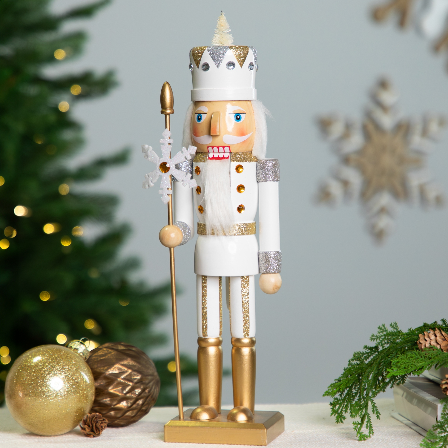 Glittered Nutcracker with Snowflake Scepter Christmas Figure - 15" - White