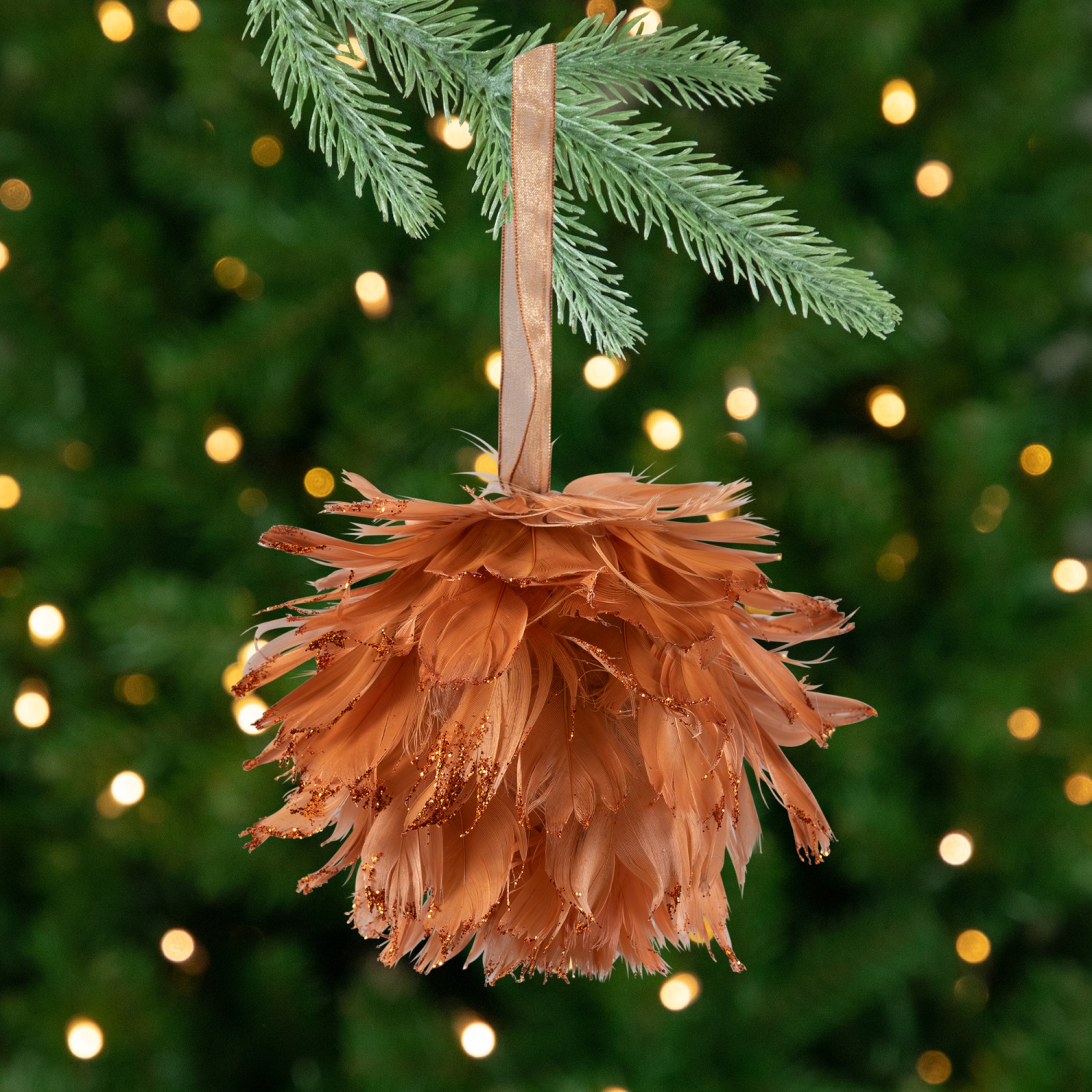 Glitter Edged Feathers Christmas Ball Ornament - 6" - Rust Orange