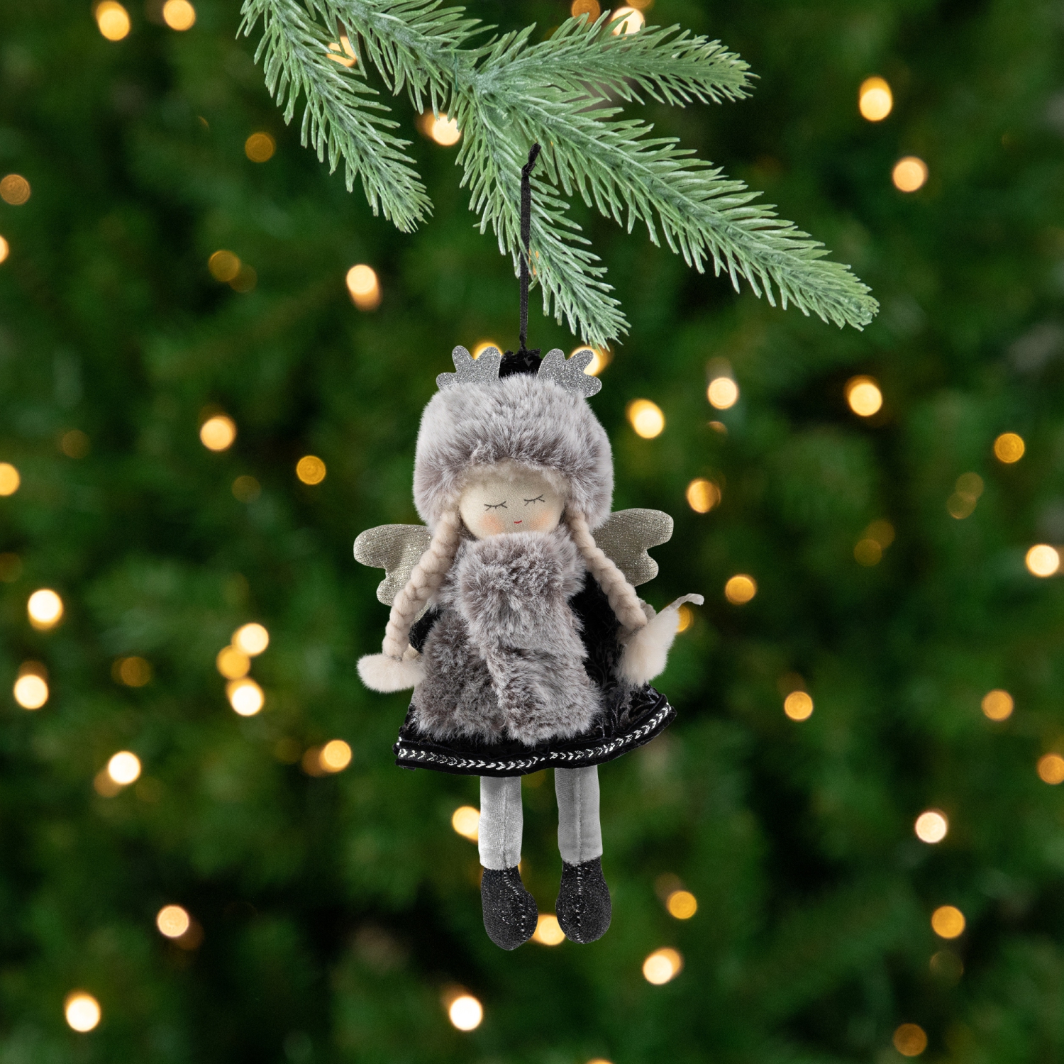 Plush Winter Angel Girl Hanging Christmas Ornament - 8.5" - Gray and Black