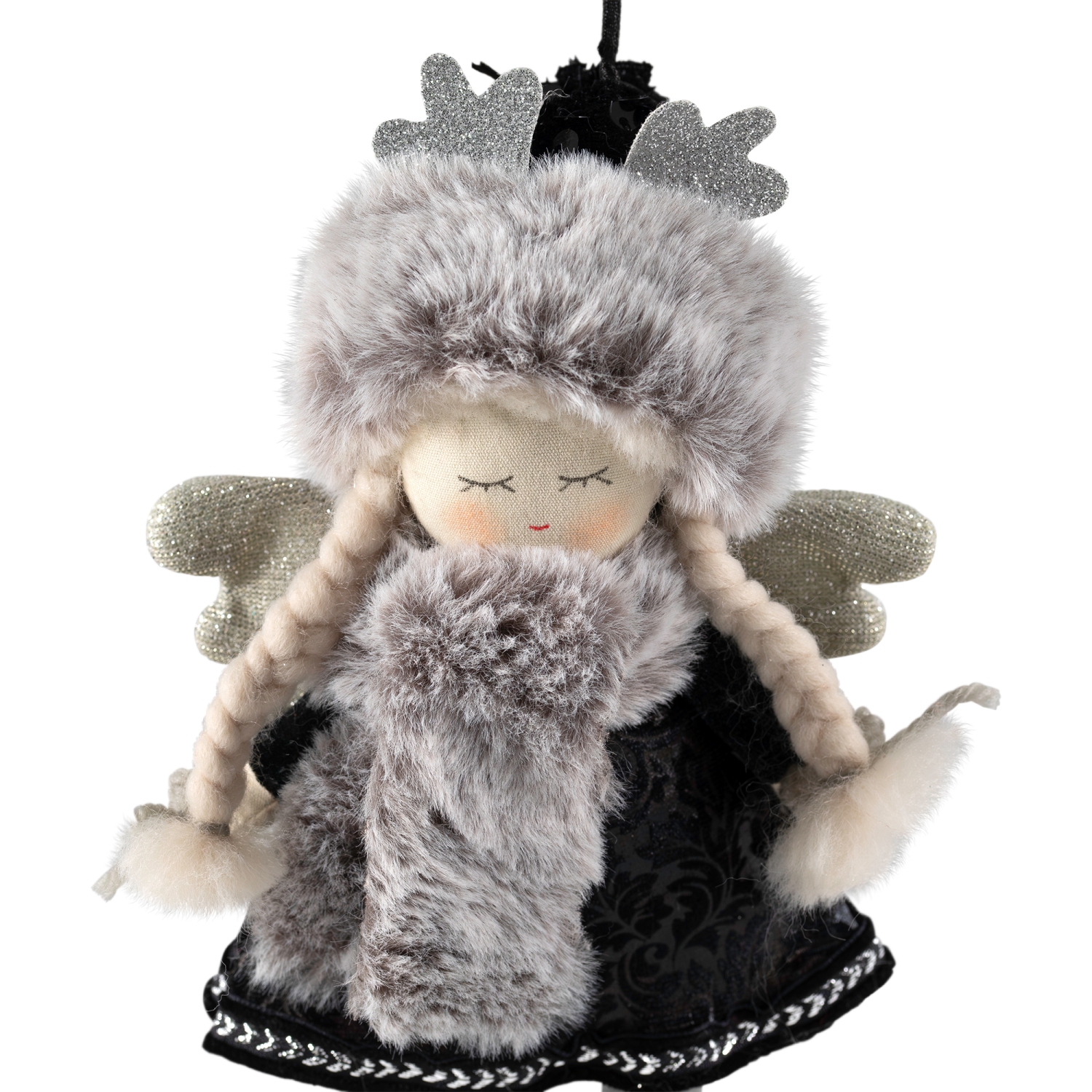 Plush Winter Angel Girl Hanging Christmas Ornament - 8.5" - Gray and Black