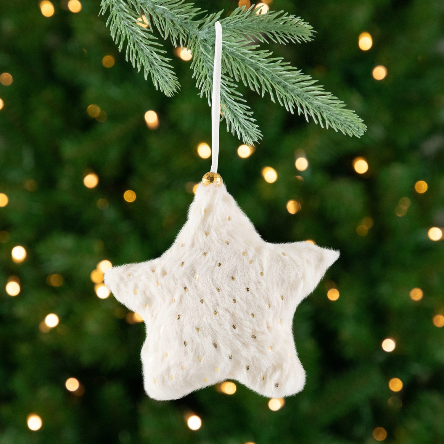 Faux Fur Star Plush Christmas Ornaments - 4.75" - Cream - Set of 4