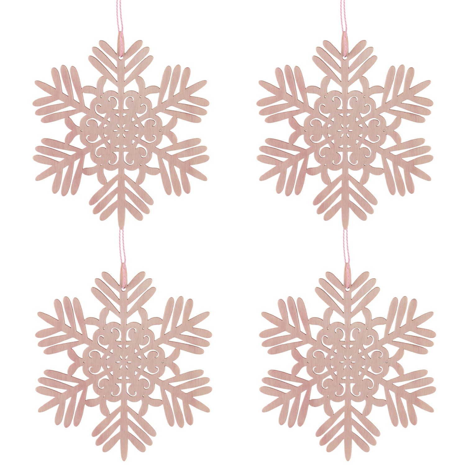 Décorations de Noël en bois découpées en forme de flocon de neige - 4,75 po - Rose - Ensemble de 4