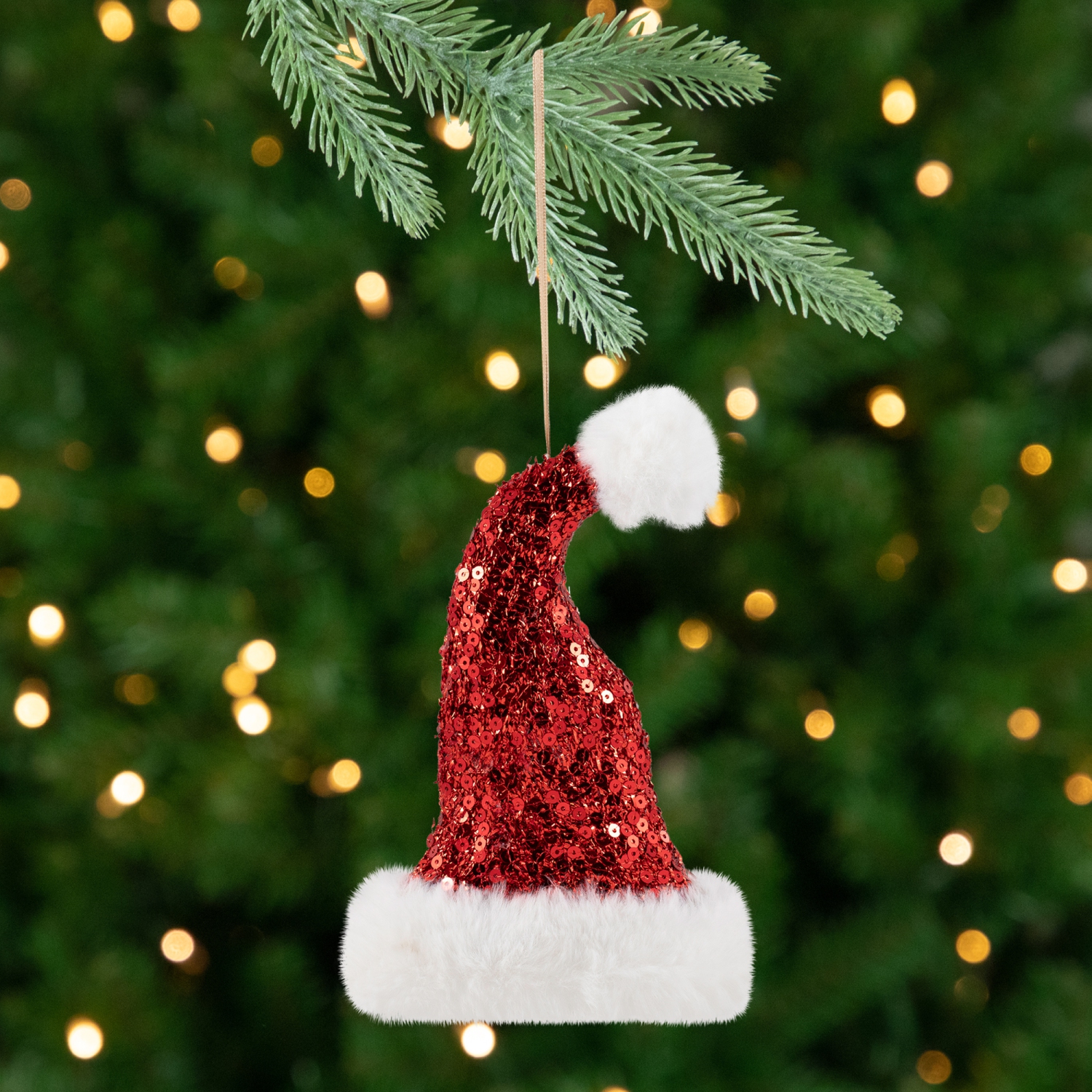 Sequined Santa Hat with Plush Trim Christmas Ornament - 8.5" - Red