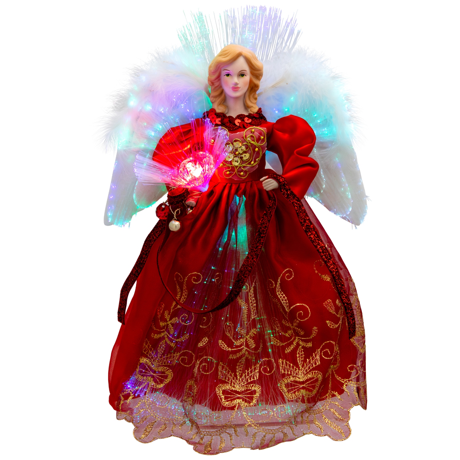 Lighted Fiber Optic Angel Christmas Tree Topper - 12" - Red and Gold